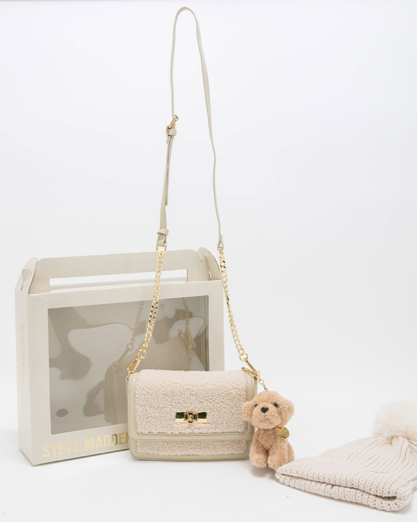 【線上獨家禮盒】毛毛信封包/針織毛帽三件禮盒組-米色