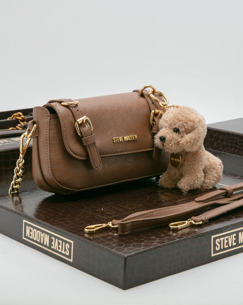 雙扣帶造型小包/毛絨狗狗吊飾禮盒-棕色