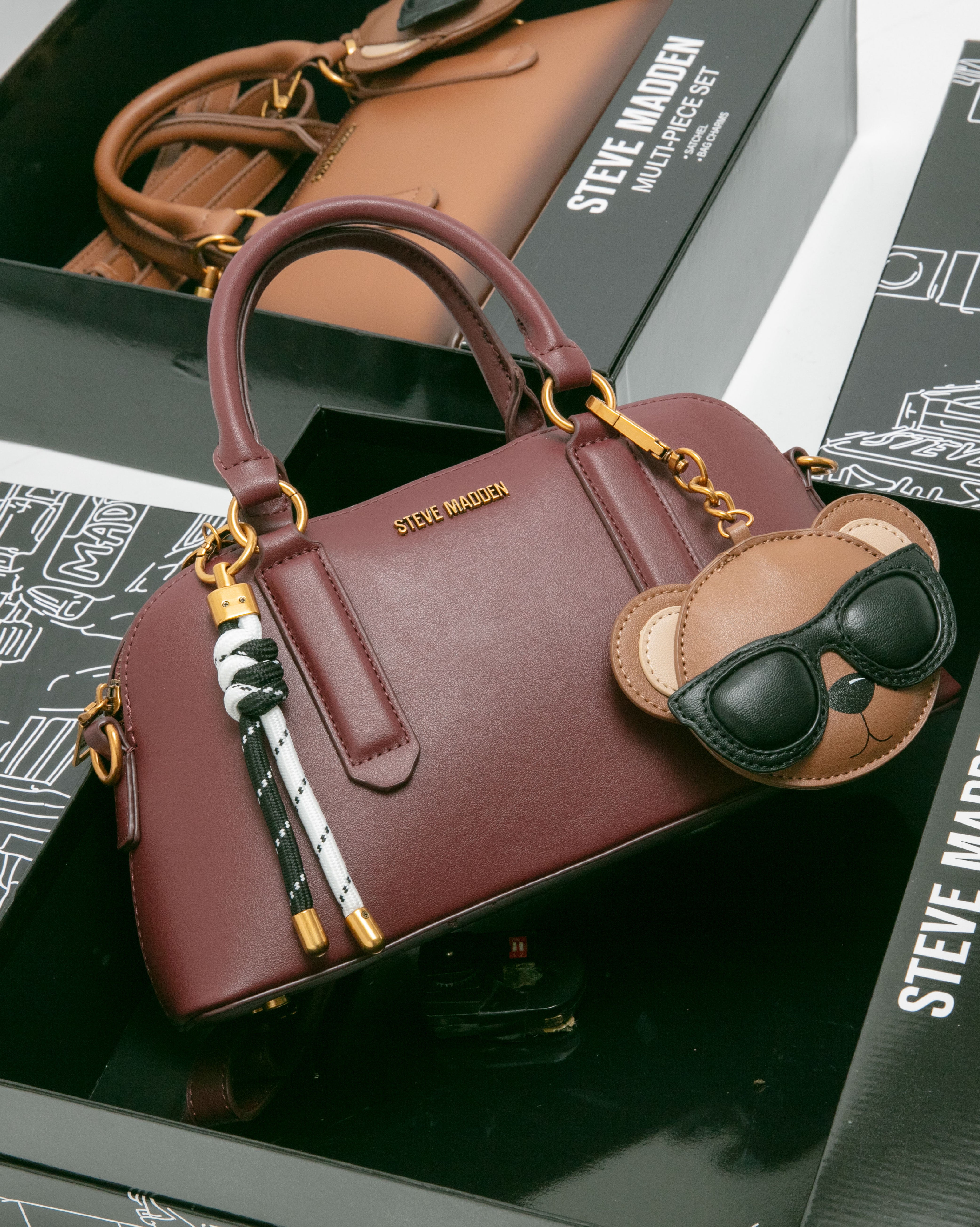 潮流小熊雙吊飾/素面兩用包禮盒-酒紅色