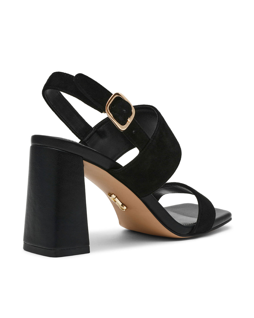 WENDIE 簡約一字雙帶粗跟涼鞋-絨黑