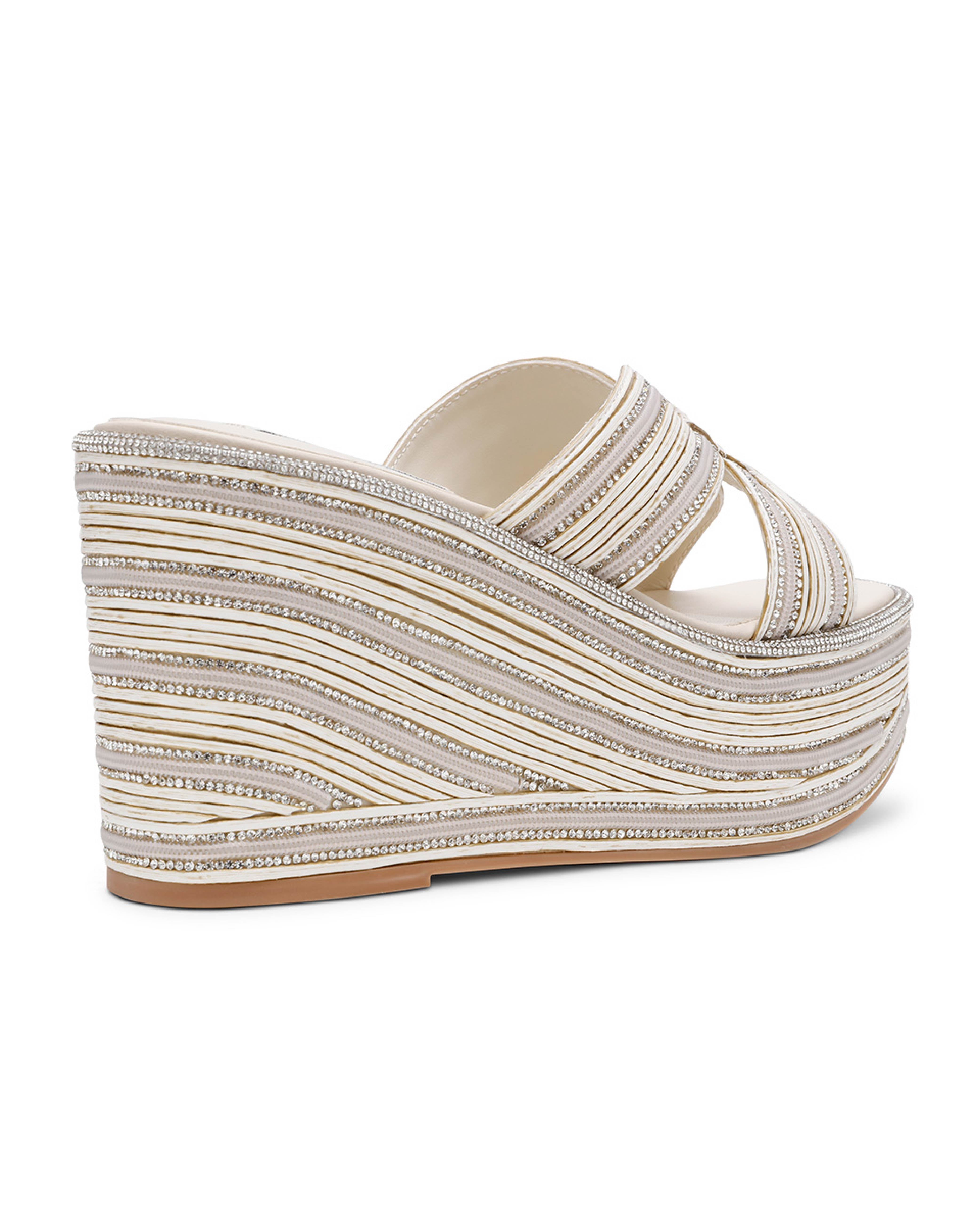 JUSTICE 閃鑽草編拼接厚底拖鞋-銀色