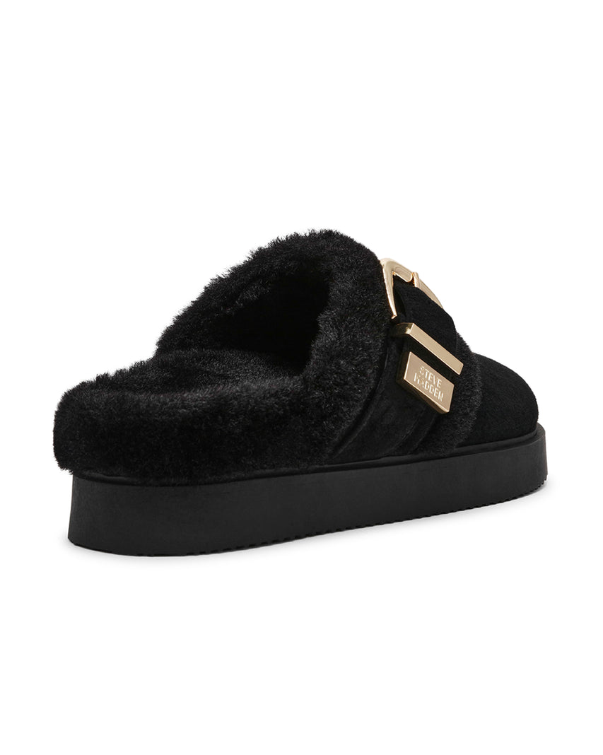 COZY UP 泰迪毛毛金屬扣飾穆勒鞋-絨黑