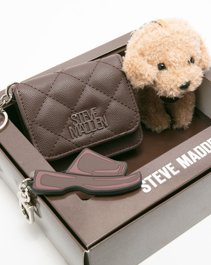 【線上獨家禮盒】菱格紋零錢包/吊飾三件禮盒組-咖啡色