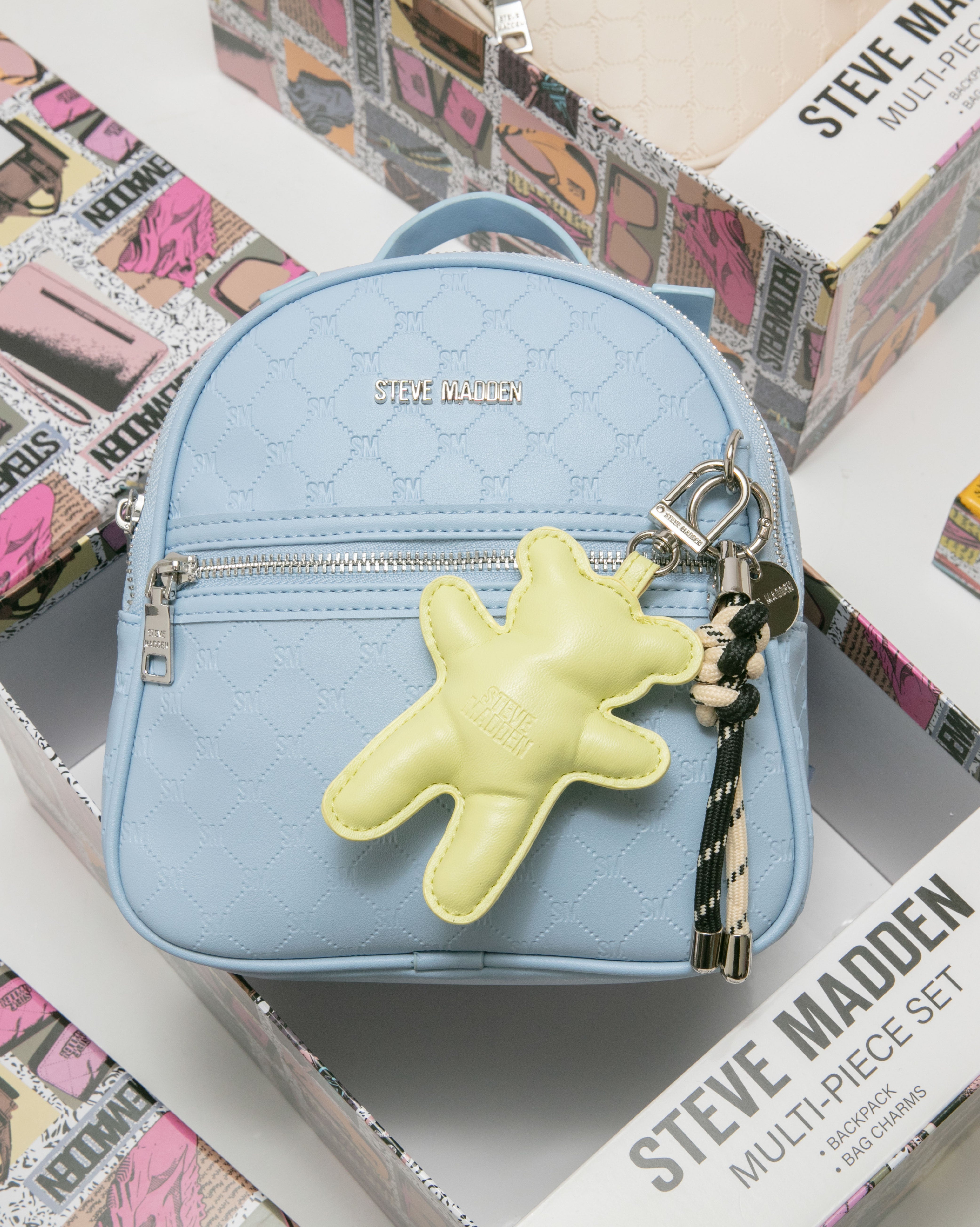 童趣雙吊飾/菱格紋後背包禮盒-藍色