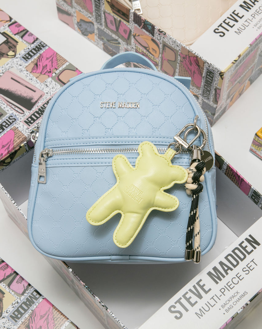 童趣雙吊飾/菱格紋後背包禮盒-藍色