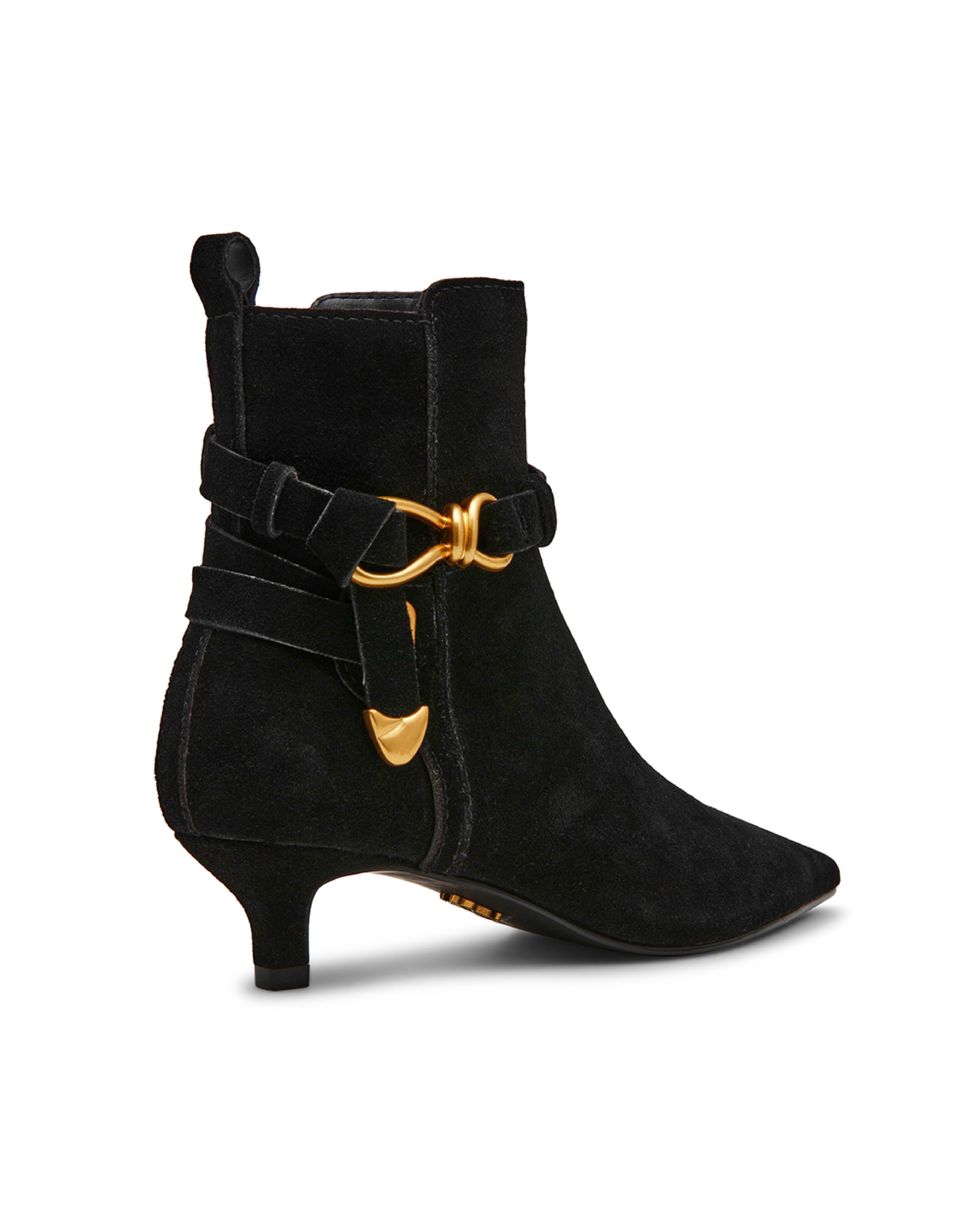 ROLLER 時尚結飾扣帶低跟中筒靴-絨黑