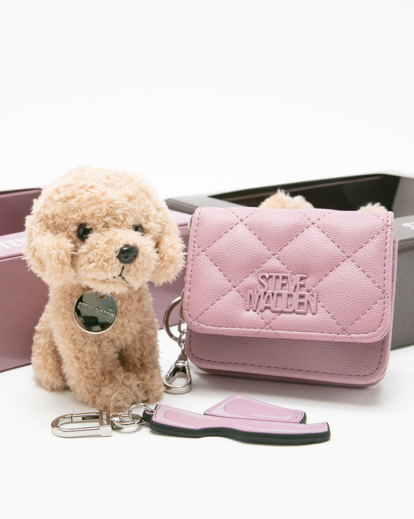 【線上獨家禮盒】菱格紋零錢包/吊飾三件禮盒組-粉紅色