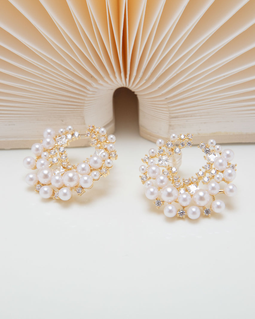 【線上獨家款】輕奢珍珠閃鑽圓形耳環-金色