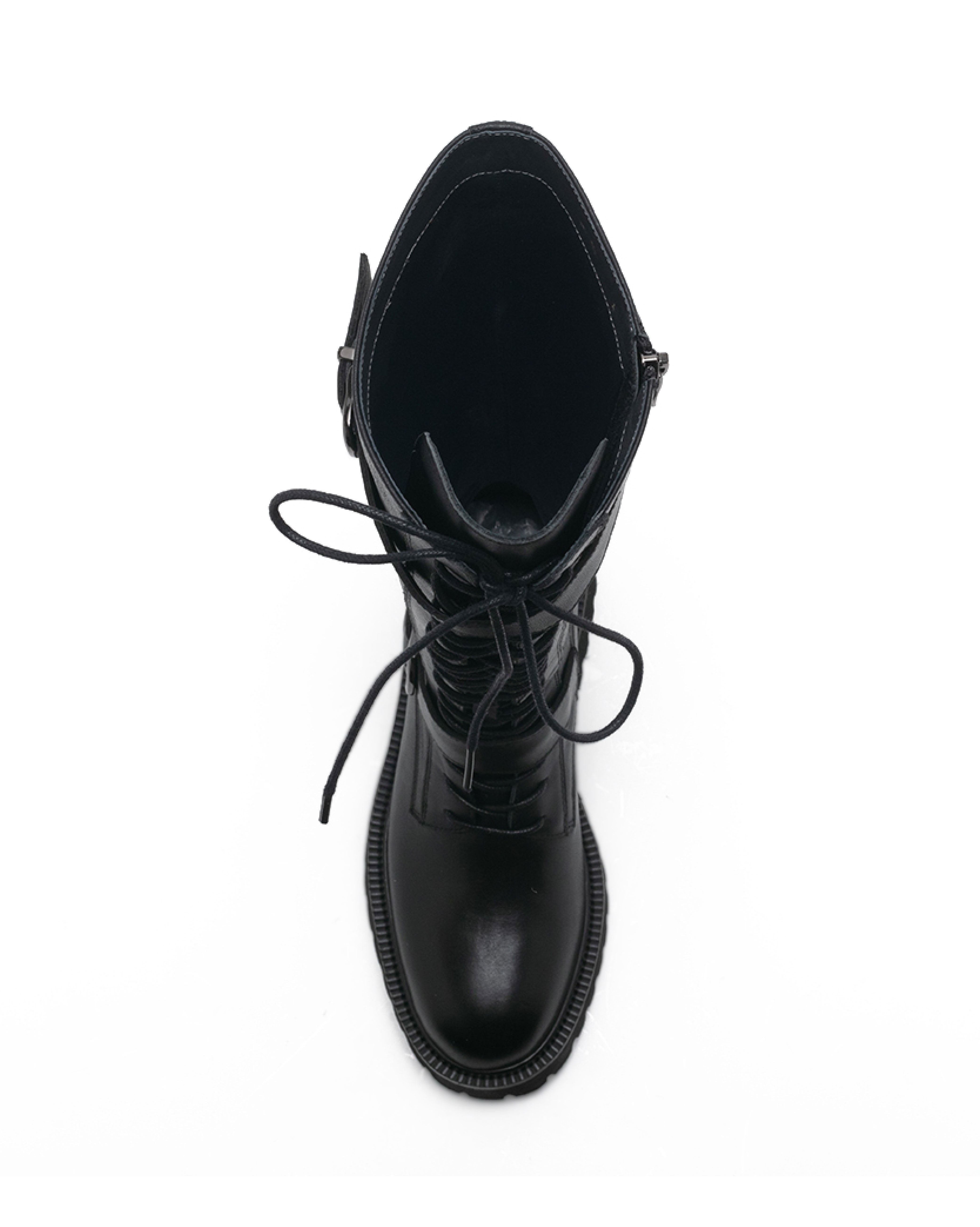 TWAURA 率性綁帶方形扣飾長筒靴-黑色