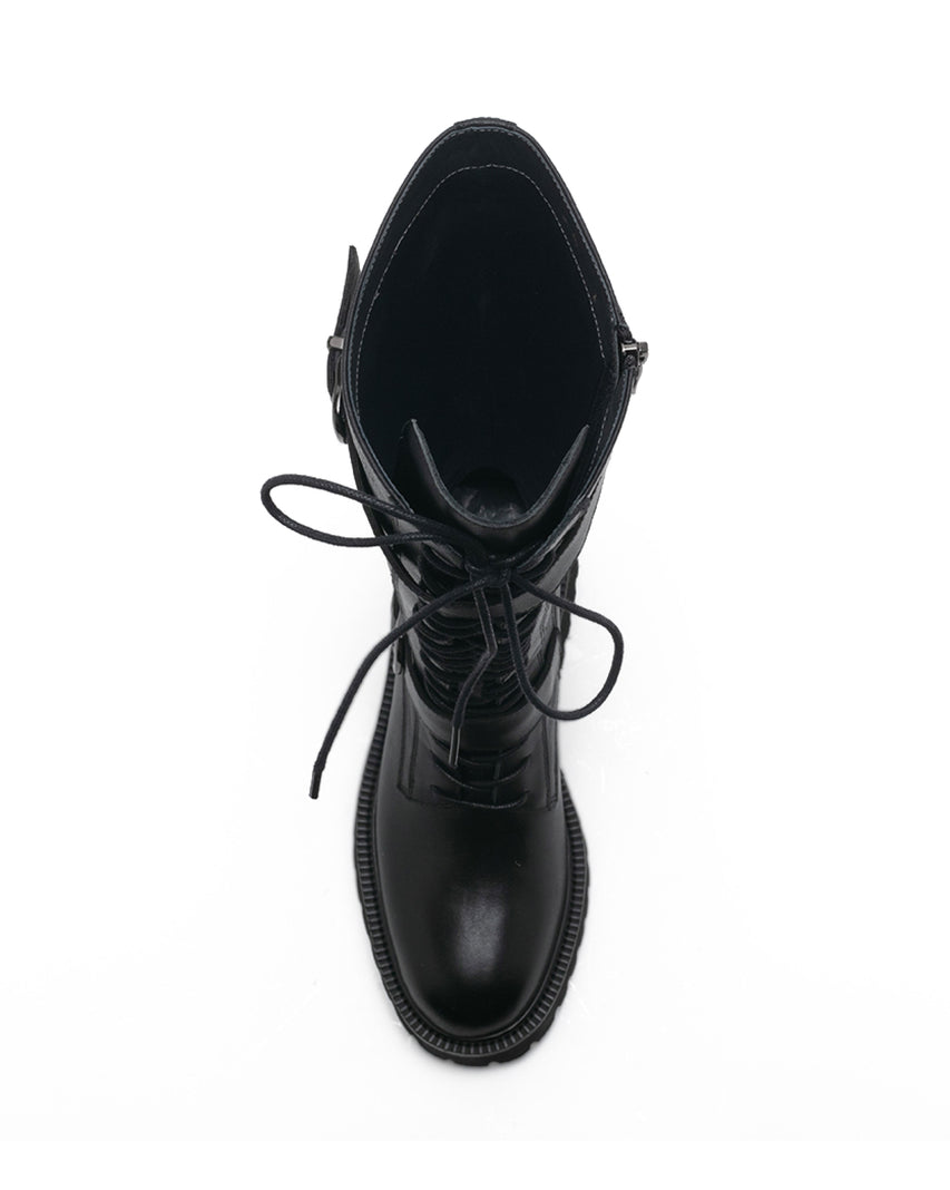 TWAURA 率性綁帶方形扣飾長筒靴-黑色