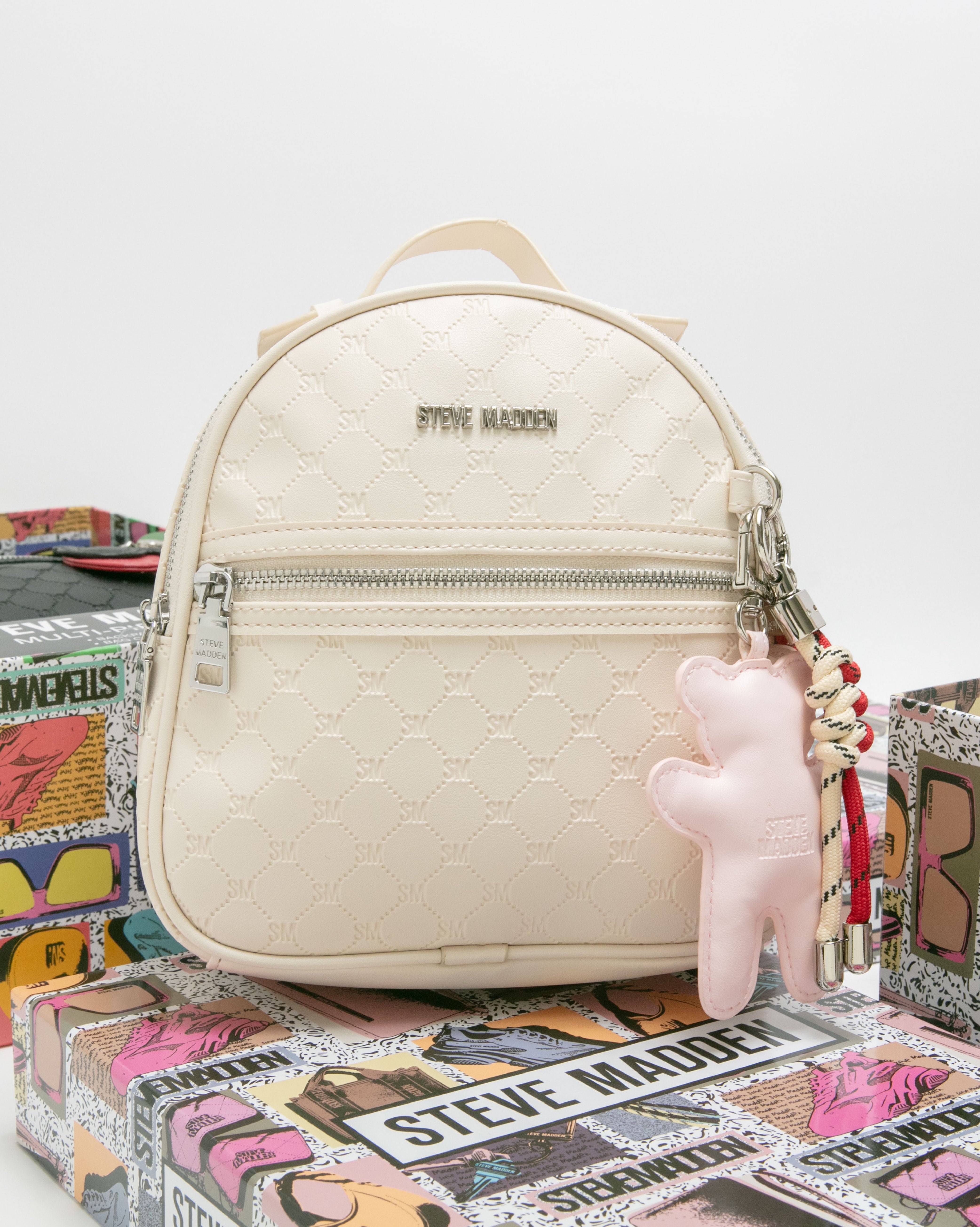 童趣雙吊飾/菱格紋後背包禮盒-米色