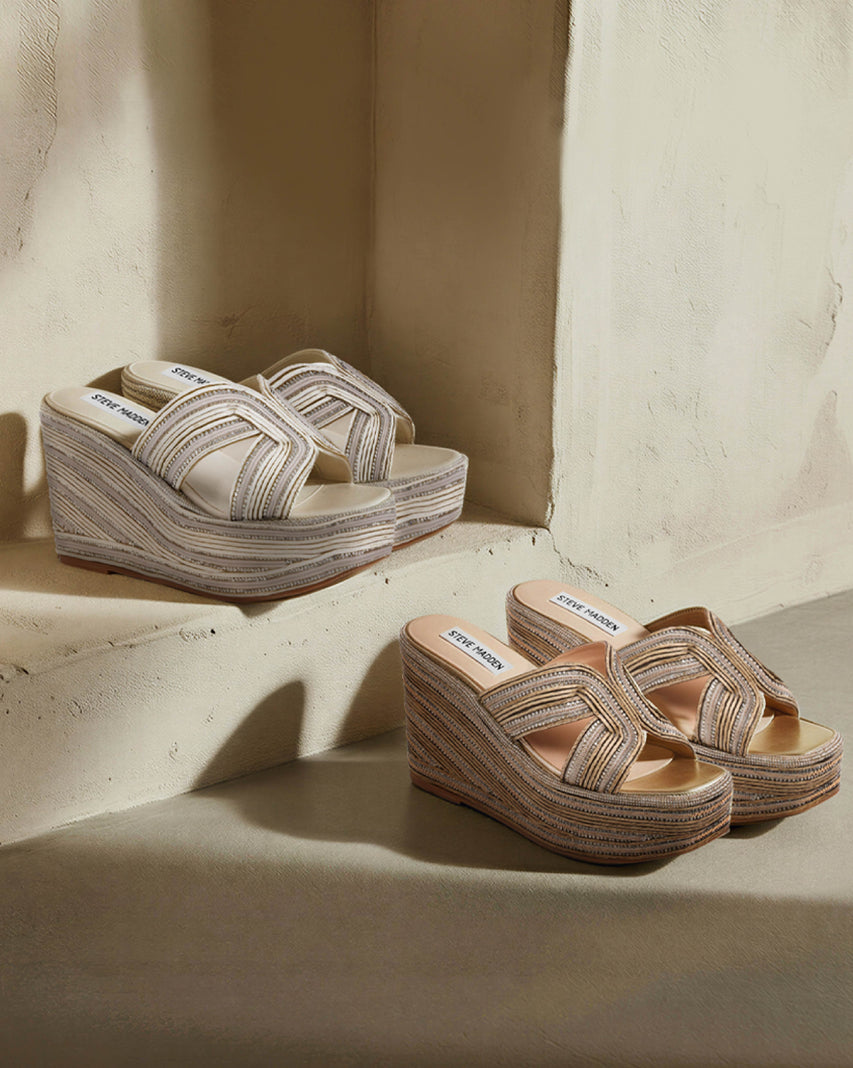 JUSTICE 閃鑽草編拼接厚底拖鞋-銀色