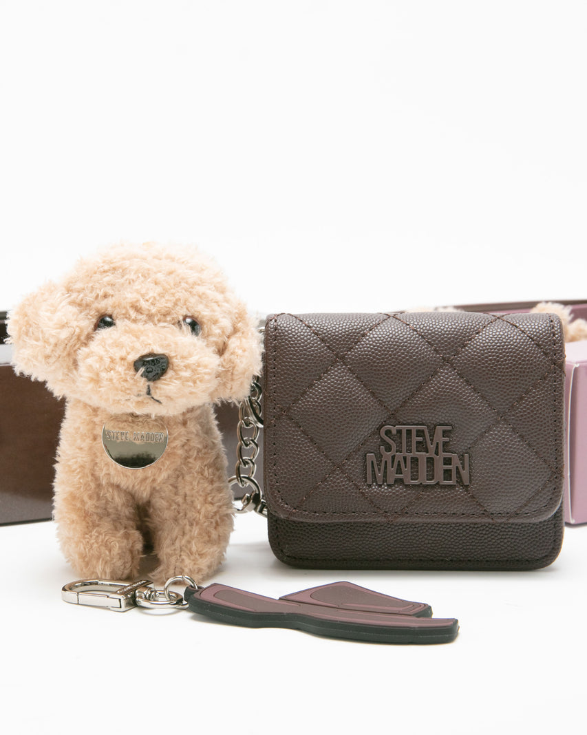 【線上獨家禮盒】菱格紋零錢包/吊飾三件禮盒組-咖啡色