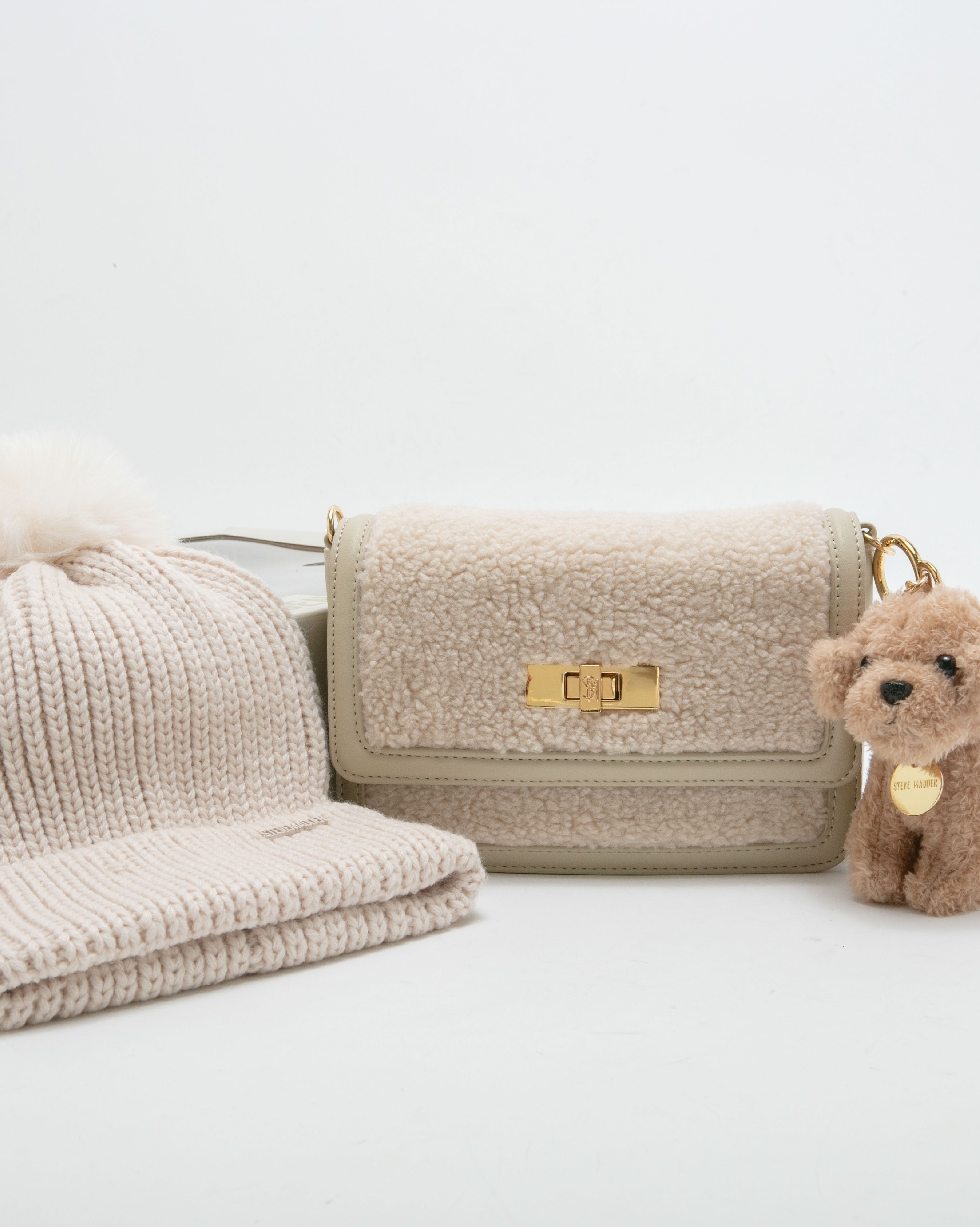 【線上獨家禮盒】毛毛信封包/針織毛帽三件禮盒組-米色