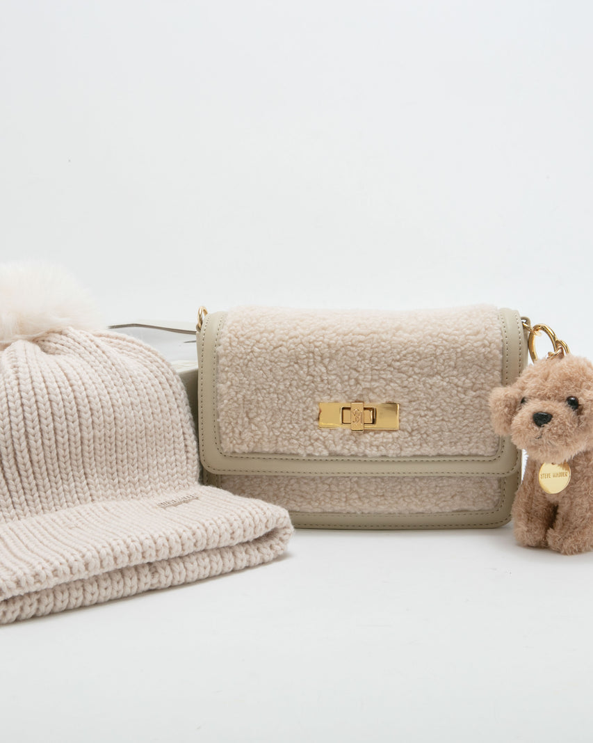 【線上獨家禮盒】毛毛信封包/針織毛帽三件禮盒組-米色