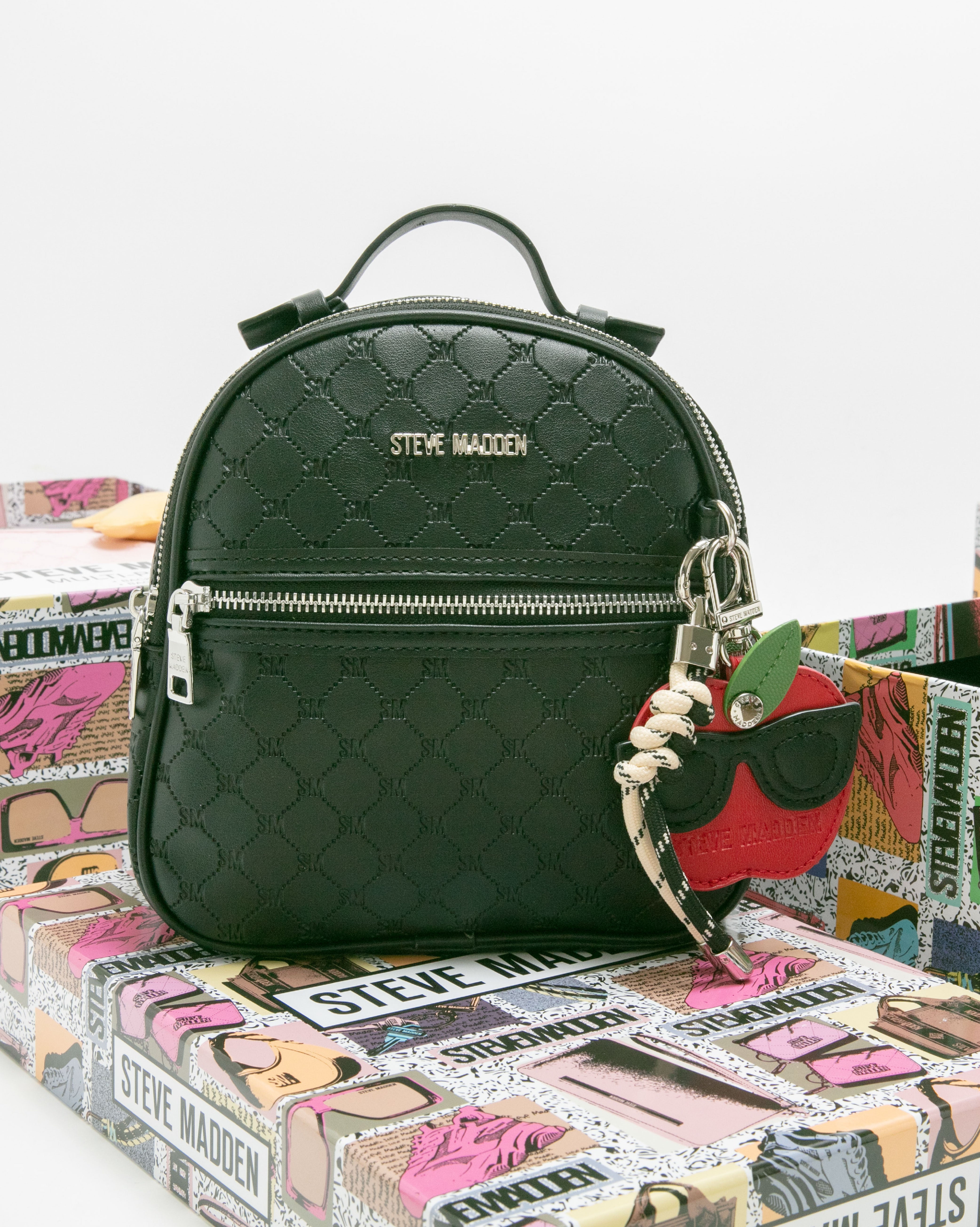 童趣雙吊飾/菱格紋後背包禮盒-黑色