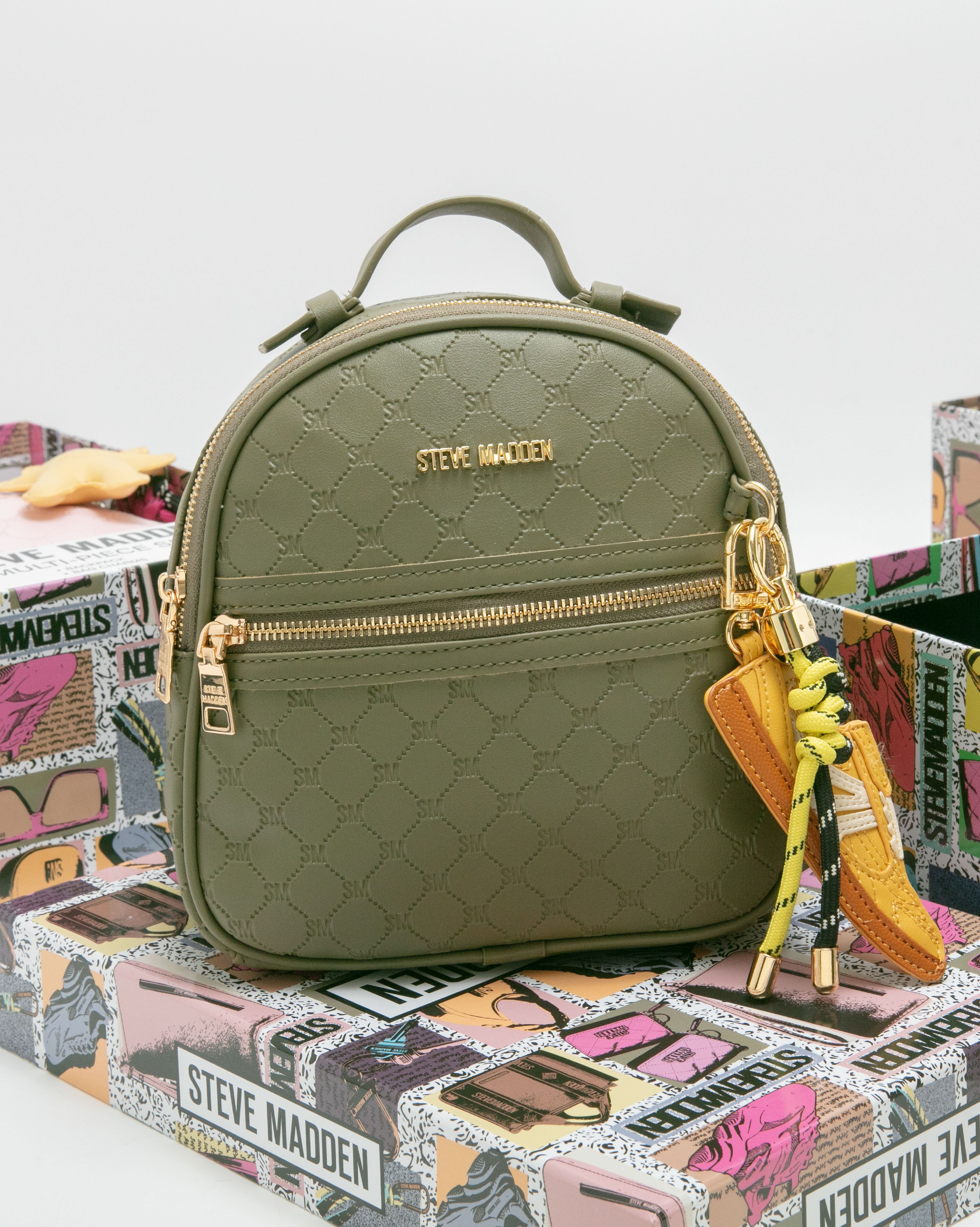 童趣雙吊飾/菱格紋後背包禮盒-墨綠色