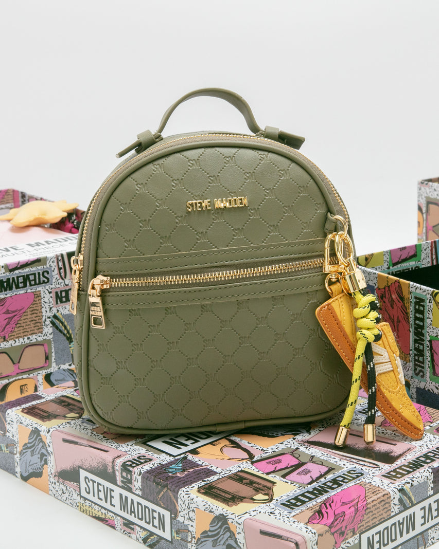 童趣雙吊飾/菱格紋後背包禮盒-墨綠色