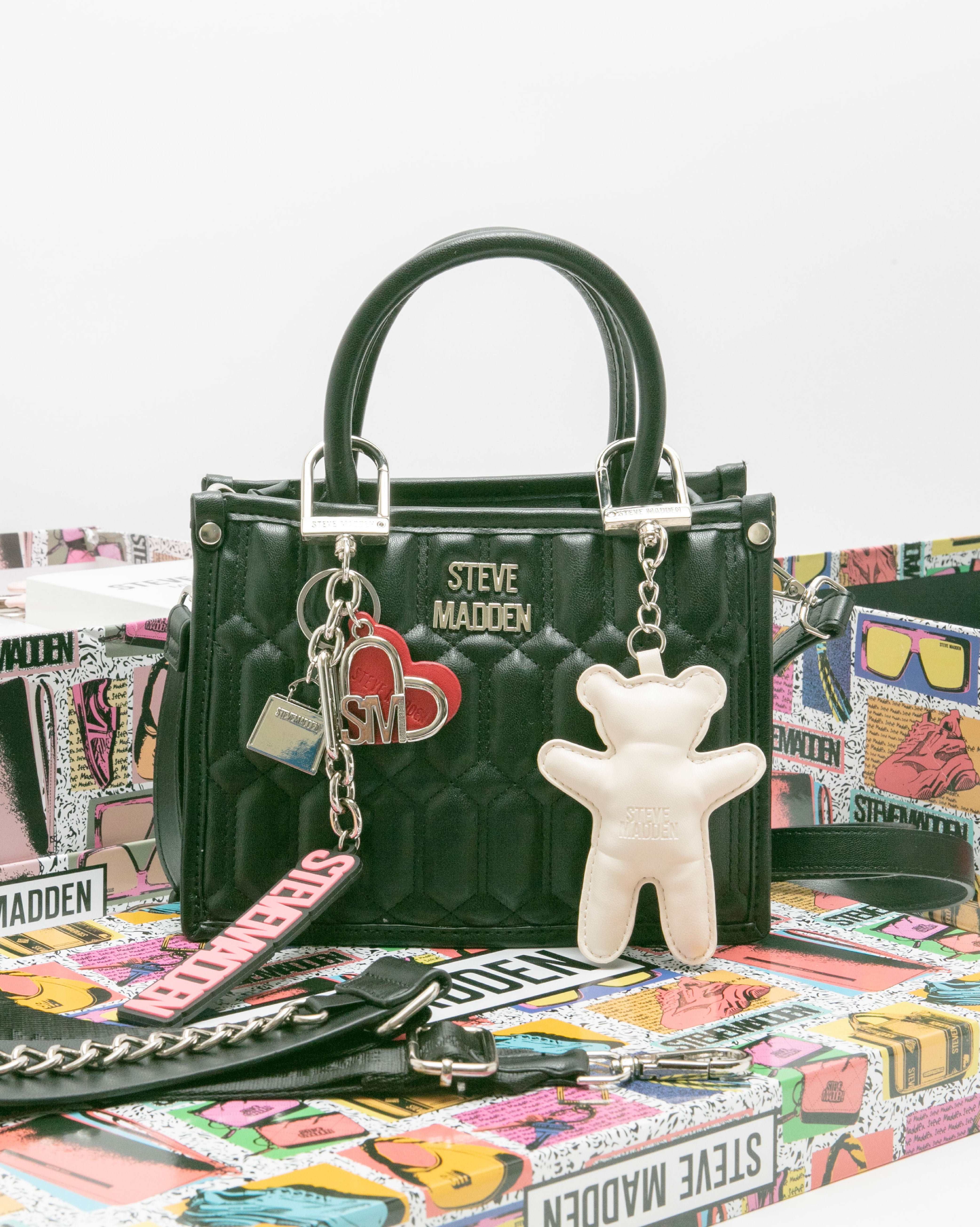 雙吊飾/格紋方形兩用包禮盒-黑色