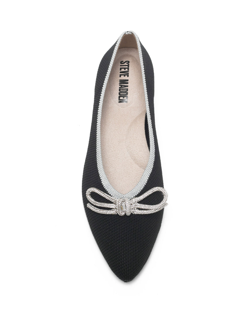 TWBIBI 針織素面閃鑽蝴蝶結平底鞋-黑色