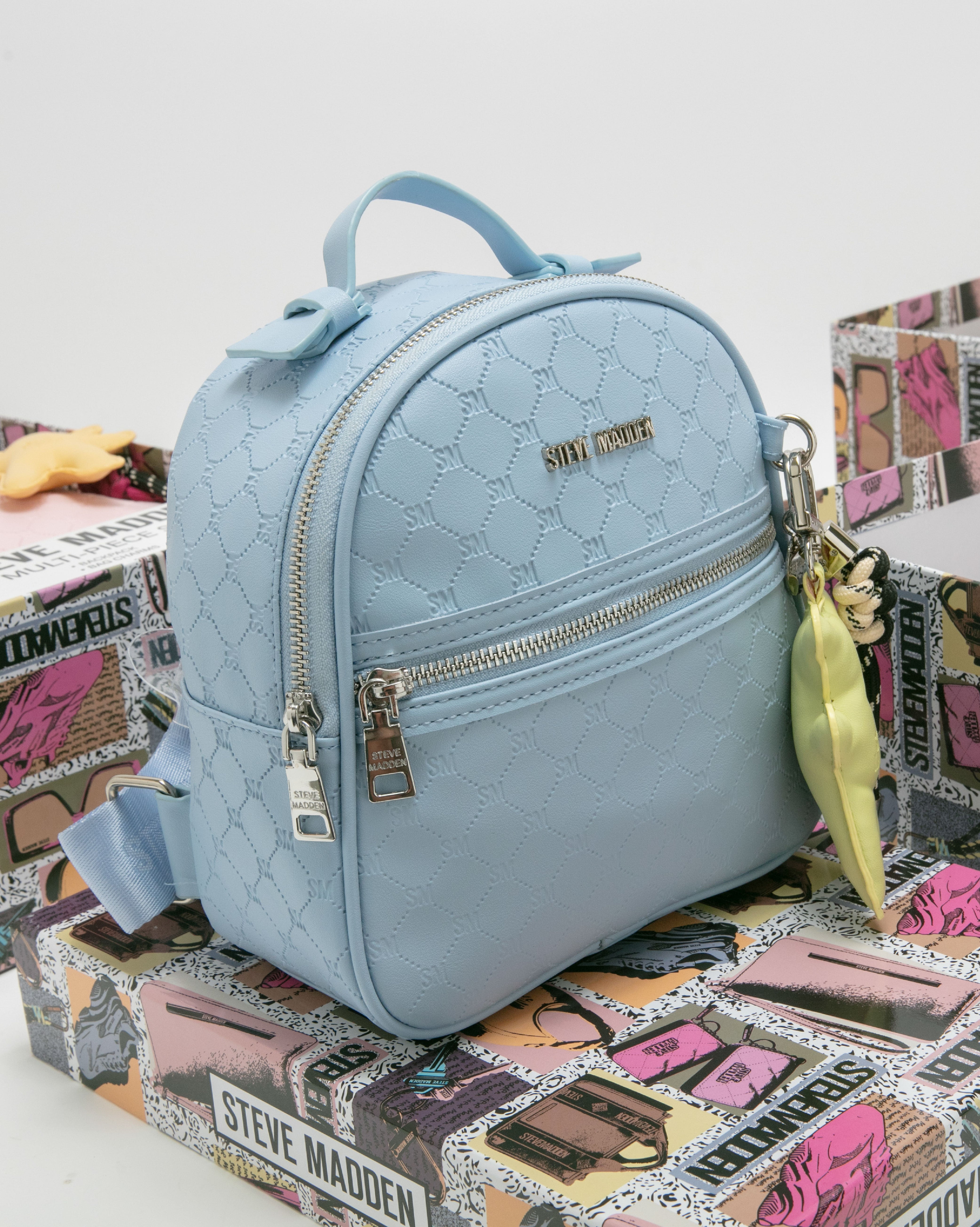 童趣雙吊飾/菱格紋後背包禮盒-藍色