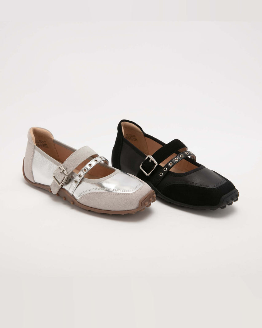 TWSLAY 異材質拼接雙帶瑪莉珍鞋-銀色