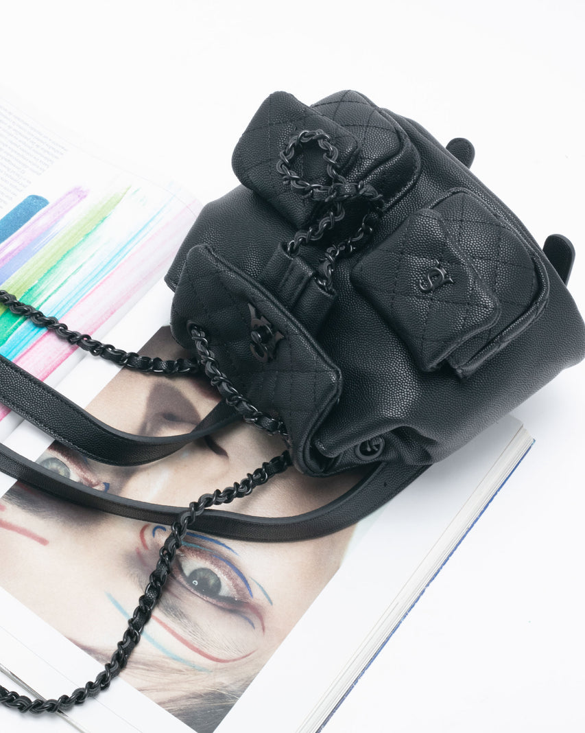 BSEDA 菱格紋雙口袋後背包-黑色