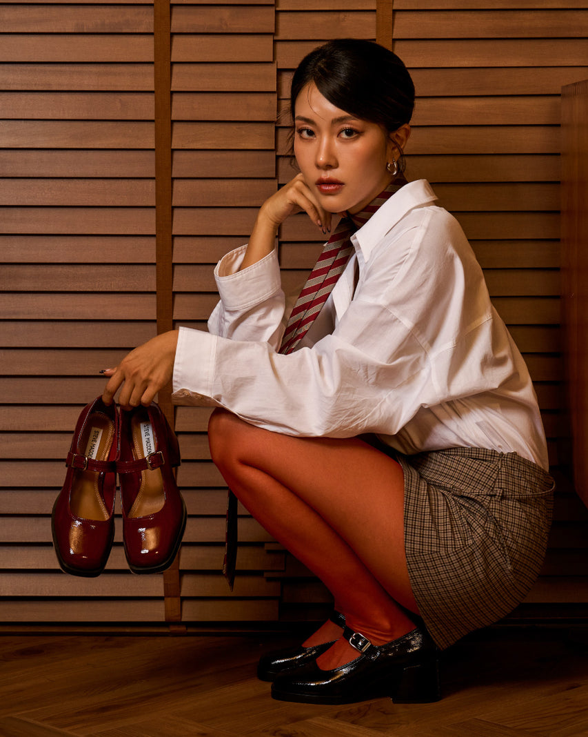 LISBON 經典復古粗跟瑪莉珍鞋-酒紅色