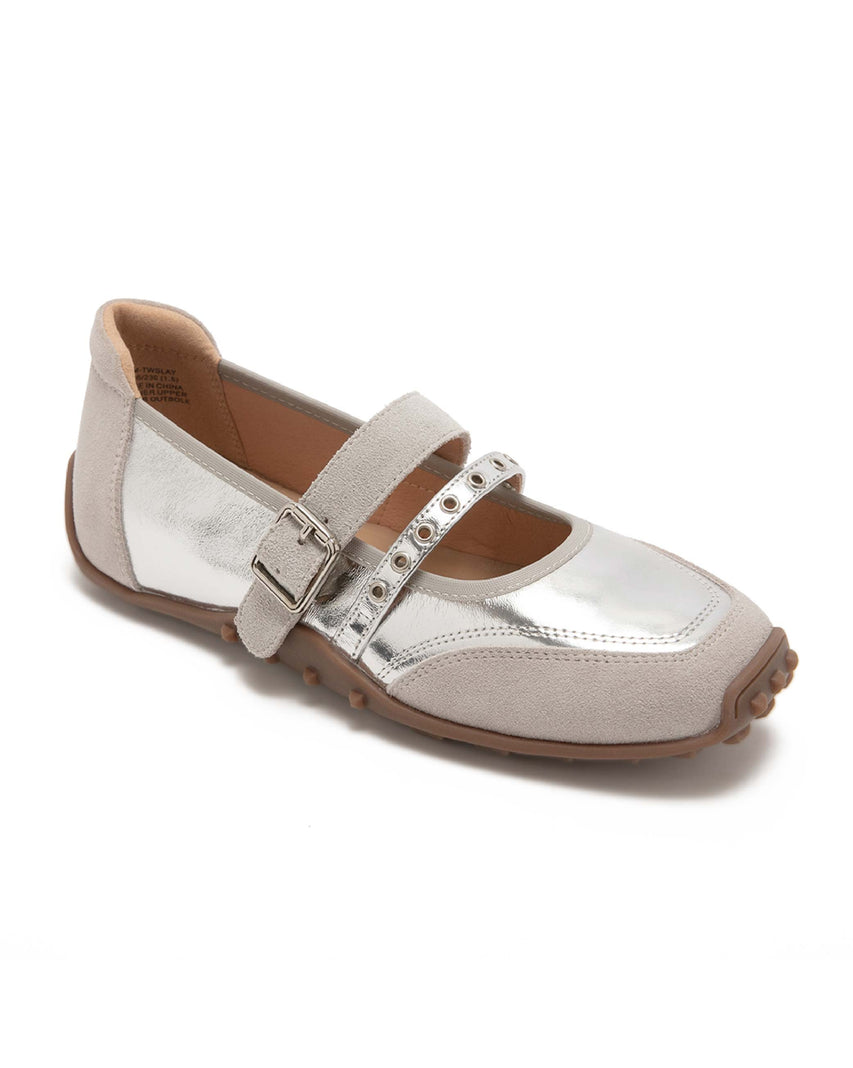 TWSLAY 異材質拼接雙帶瑪莉珍鞋-銀色