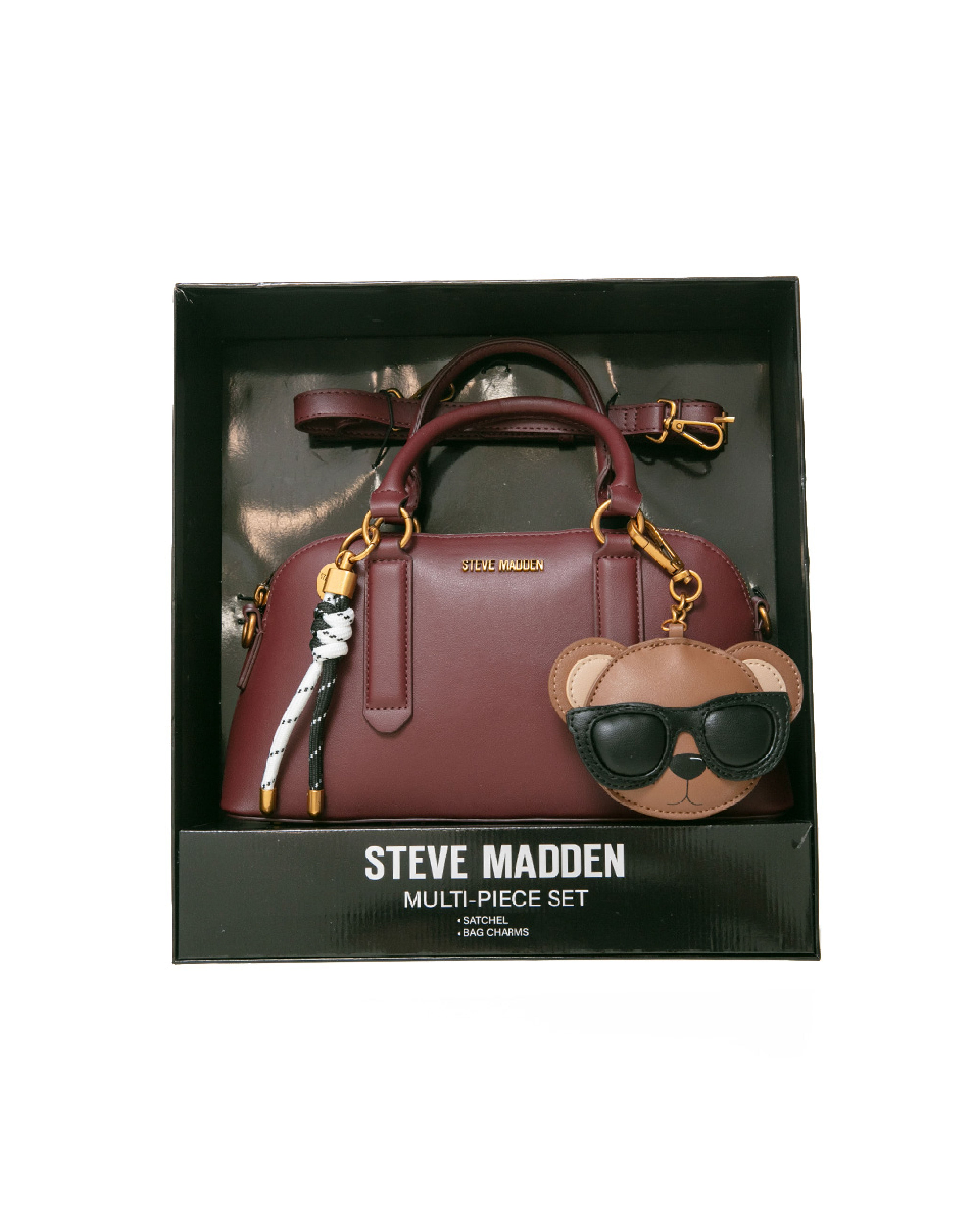 潮流小熊雙吊飾/素面兩用包禮盒-酒紅色