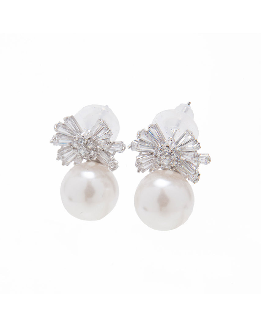 【線上獨家款】閃鑽蝴蝶結珍珠耳環-銀色