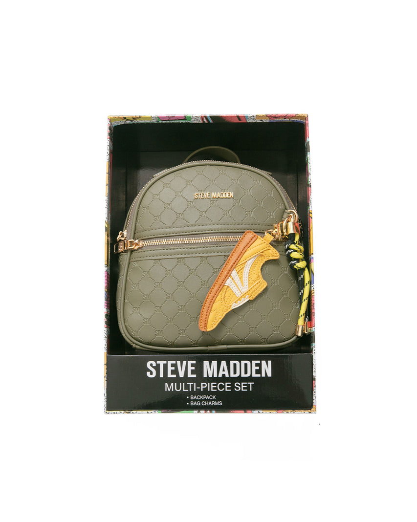 童趣雙吊飾/菱格紋後背包禮盒-墨綠色