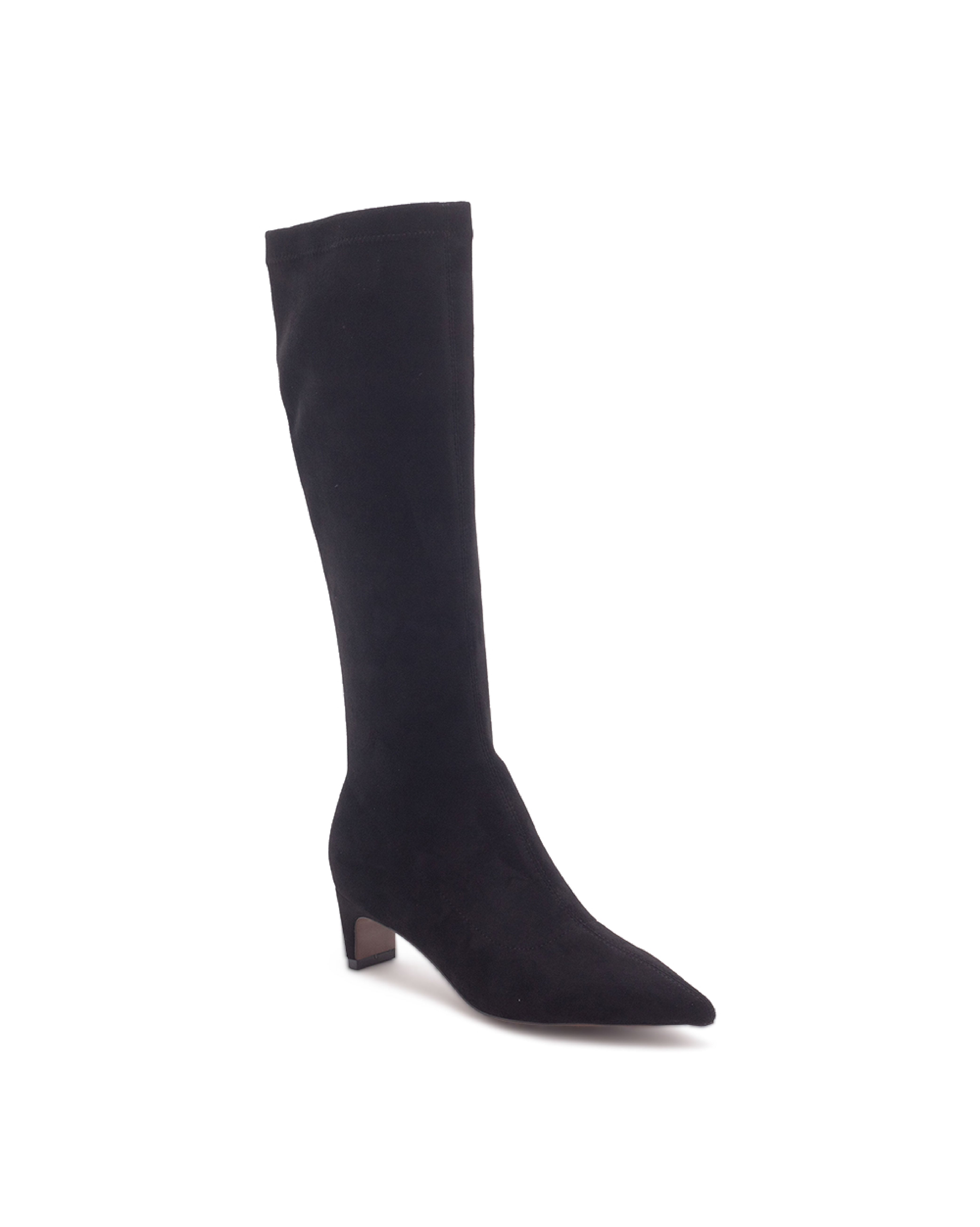 TWVENOM 絨面尖頭粗跟長靴-黑色
