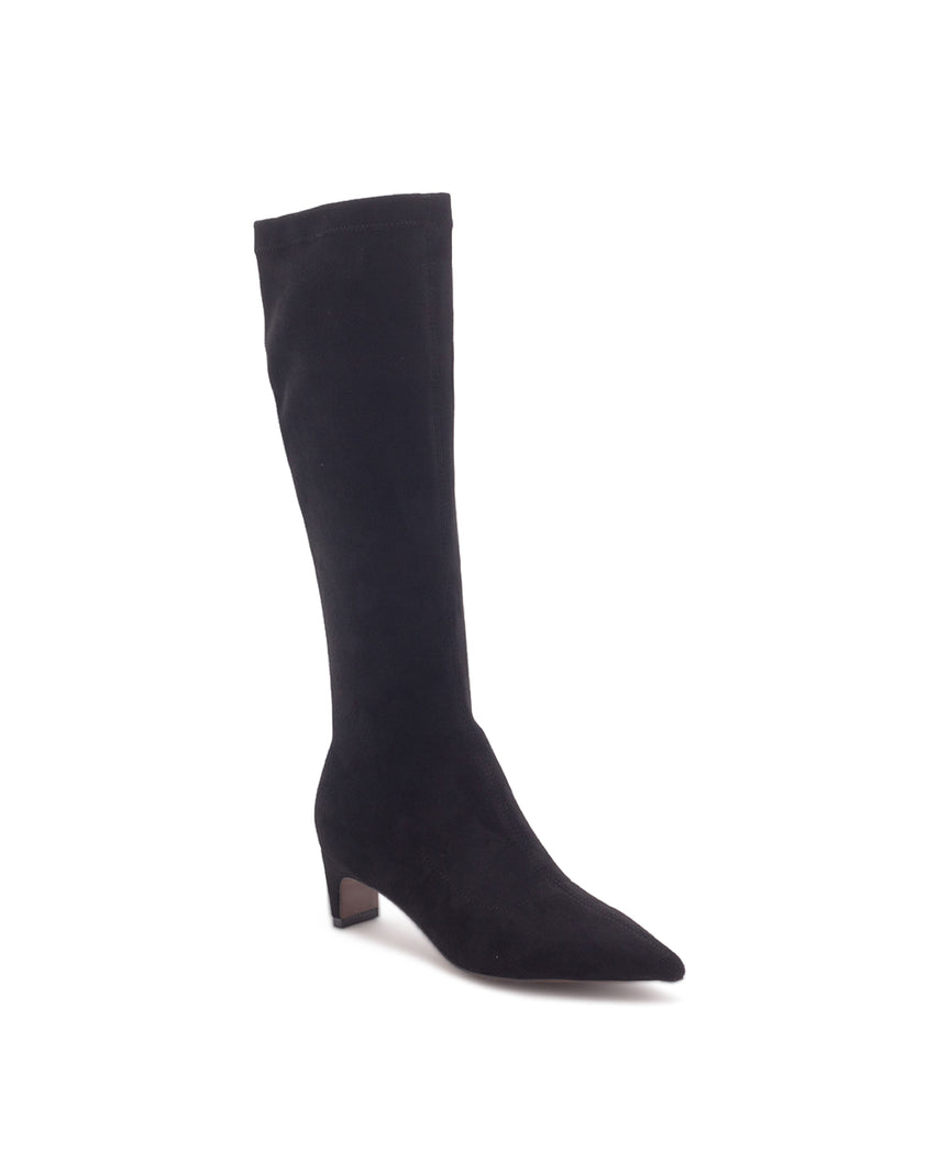 TWVENOM 絨面尖頭粗跟長靴-黑色