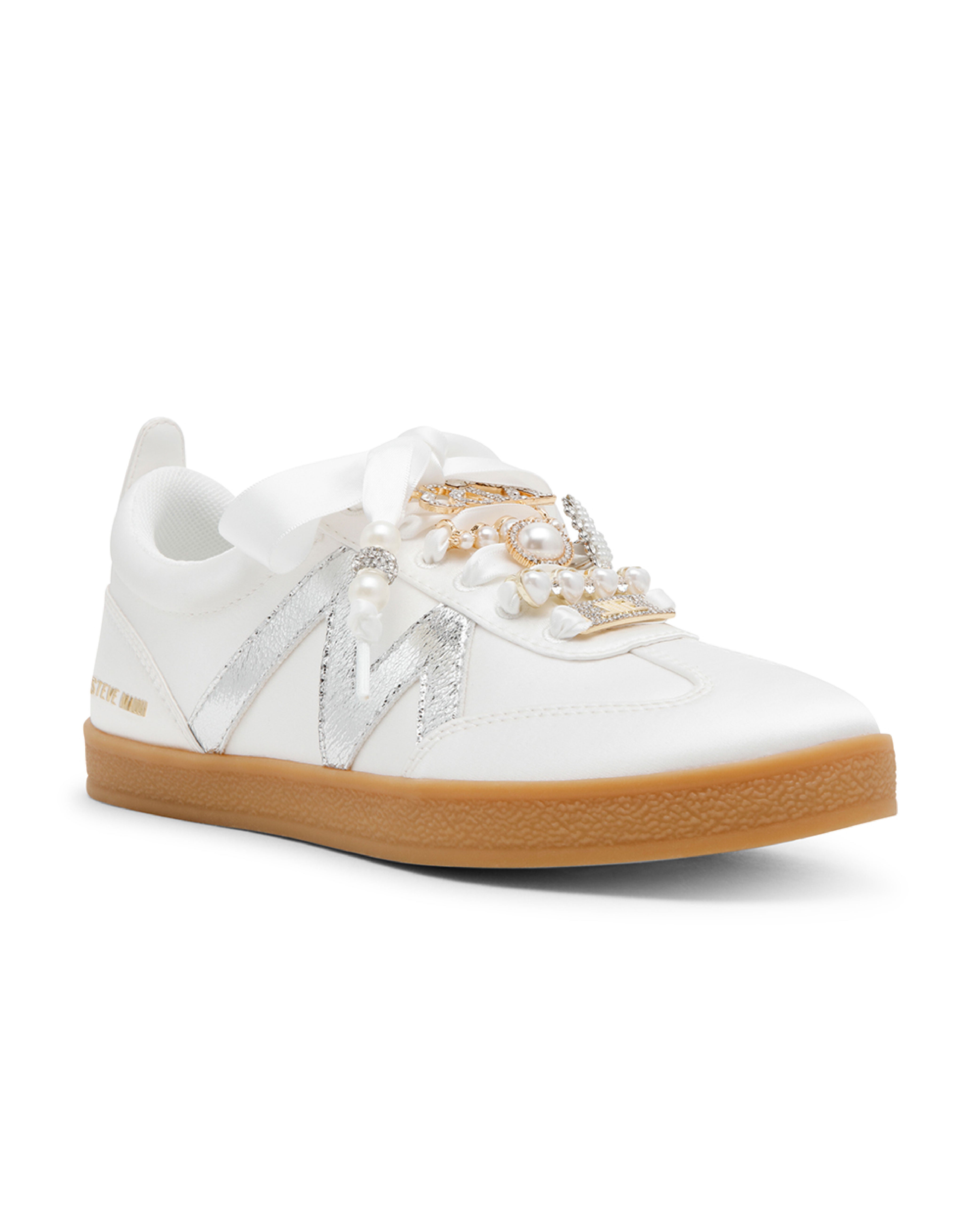 DEGREE-P 緞面M字串飾造型德訓鞋-白色