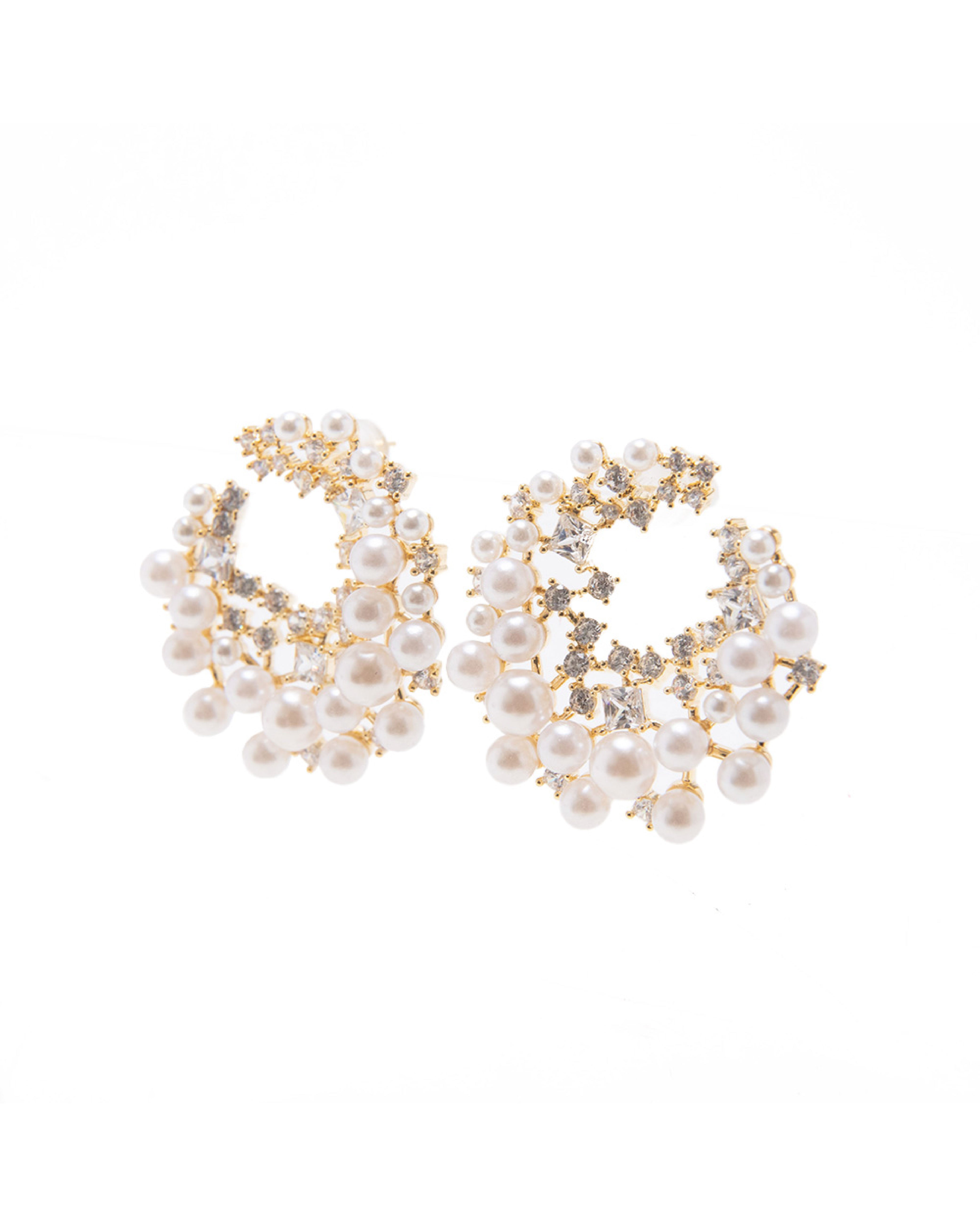 【線上獨家款】輕奢珍珠閃鑽圓形耳環-金色