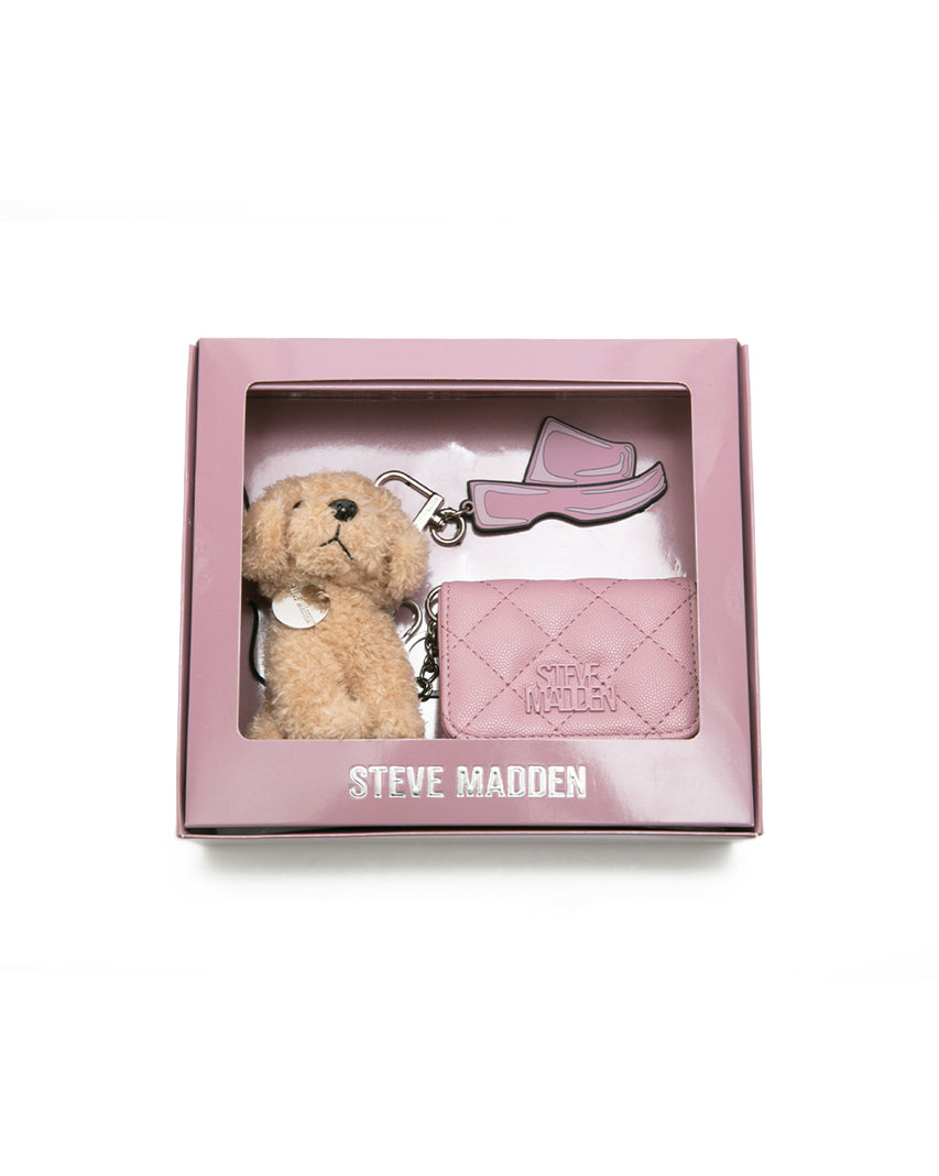 【線上獨家禮盒】菱格紋零錢包/吊飾三件禮盒組-粉紅色