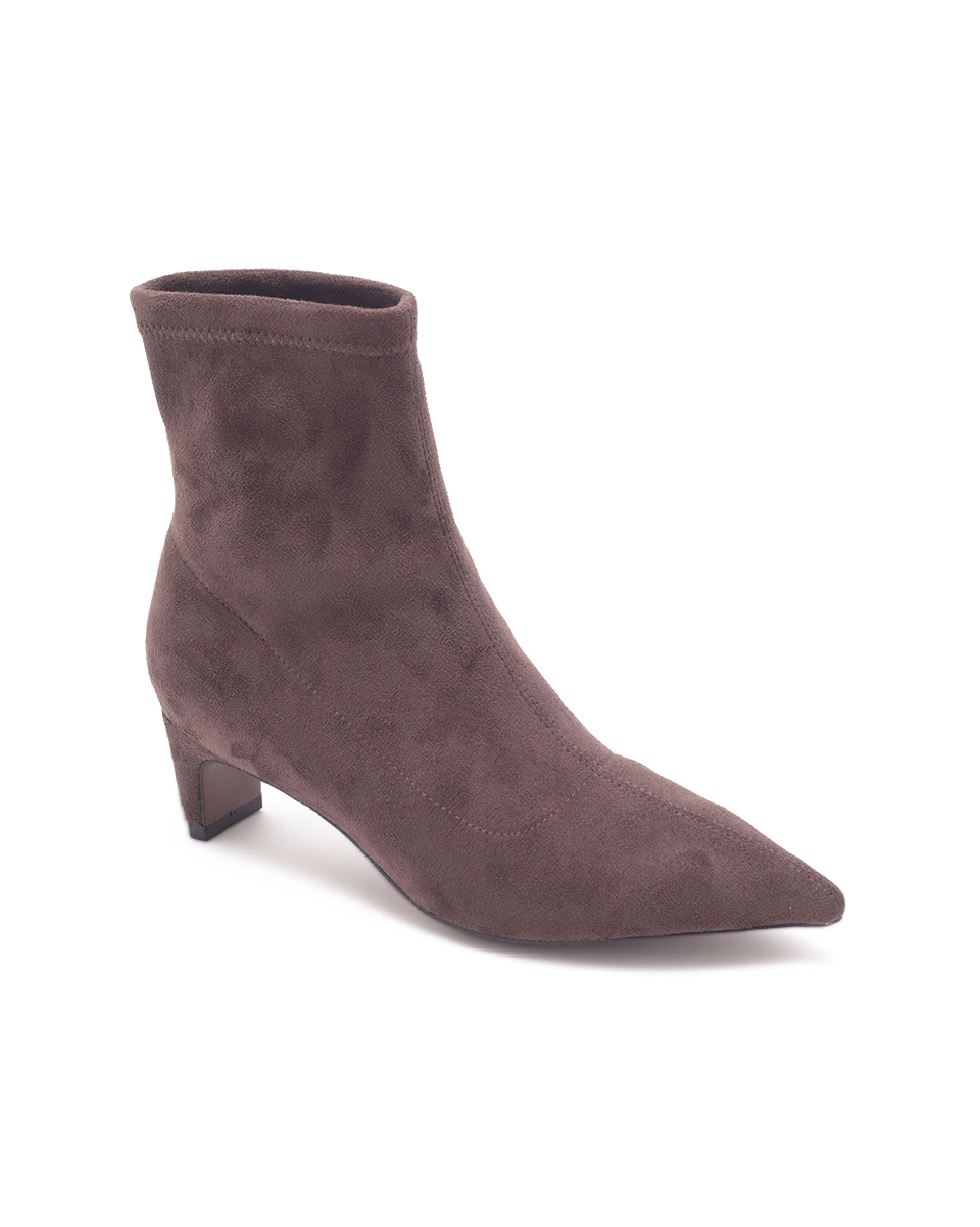 TWKLOE 絨面尖頭粗跟短靴-卡其色