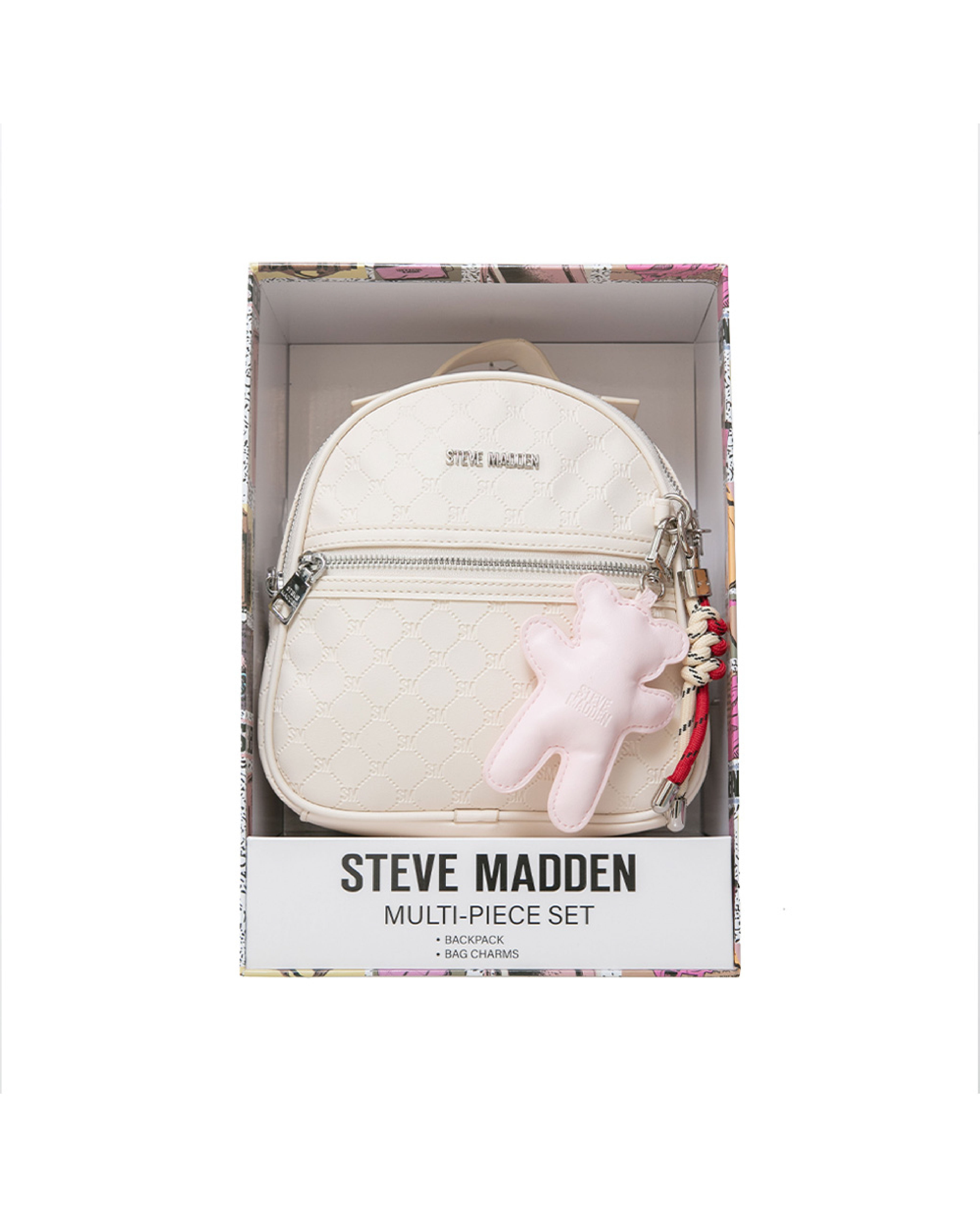 童趣雙吊飾/菱格紋後背包禮盒-米色