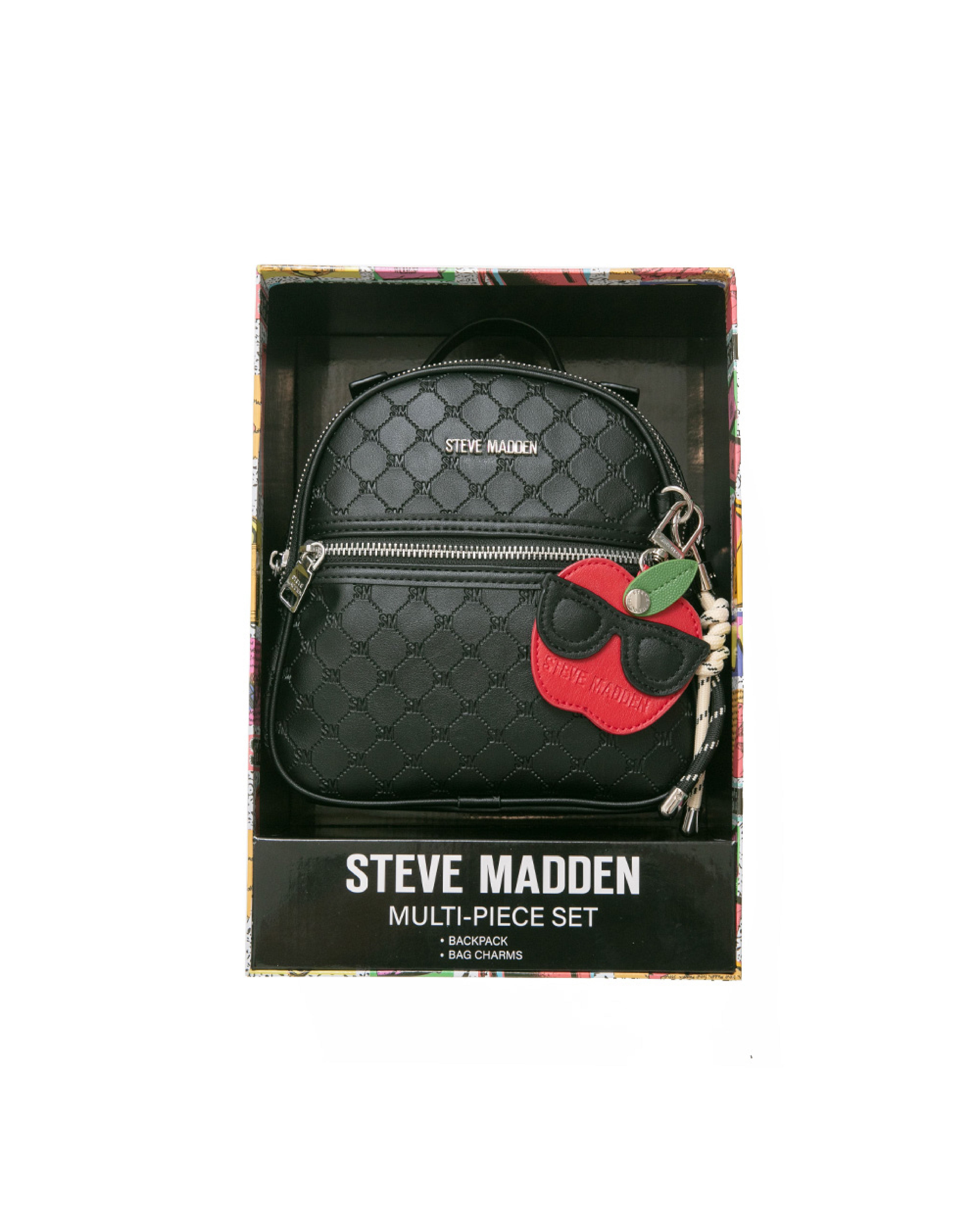 童趣雙吊飾/菱格紋後背包禮盒-黑色