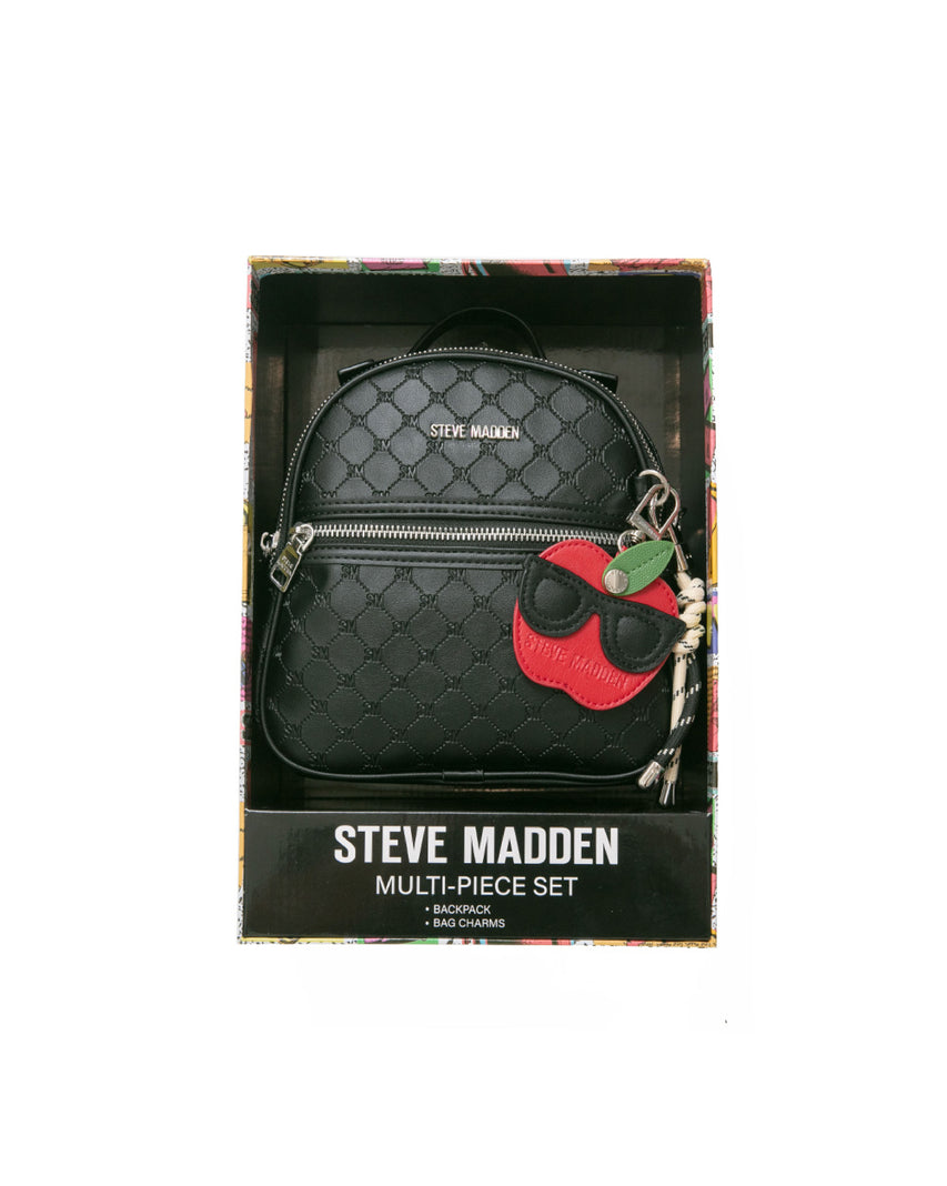 童趣雙吊飾/菱格紋後背包禮盒-黑色