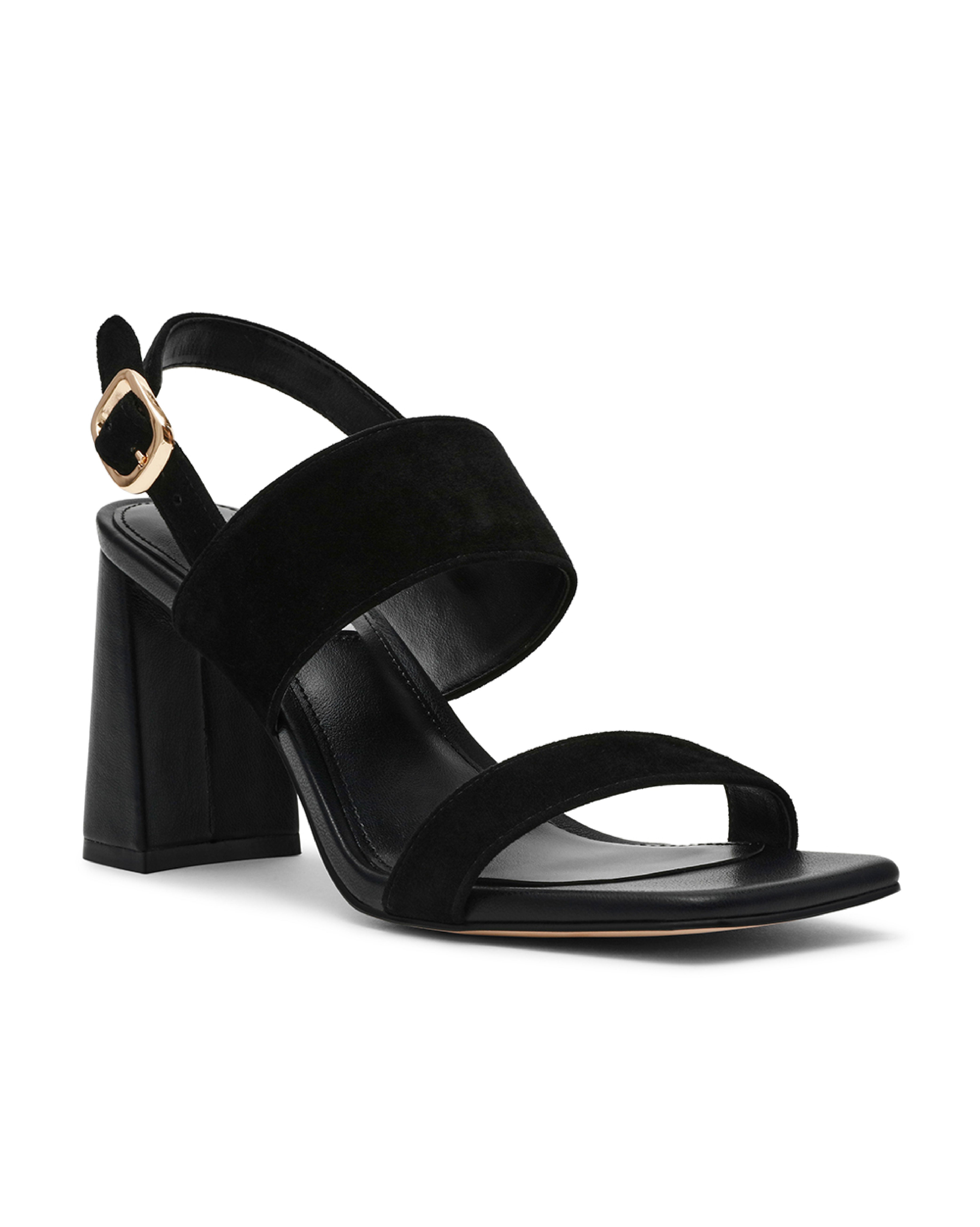 WENDIE 簡約一字雙帶粗跟涼鞋-絨黑