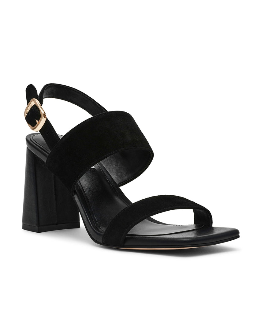 WENDIE 簡約一字雙帶粗跟涼鞋-絨黑