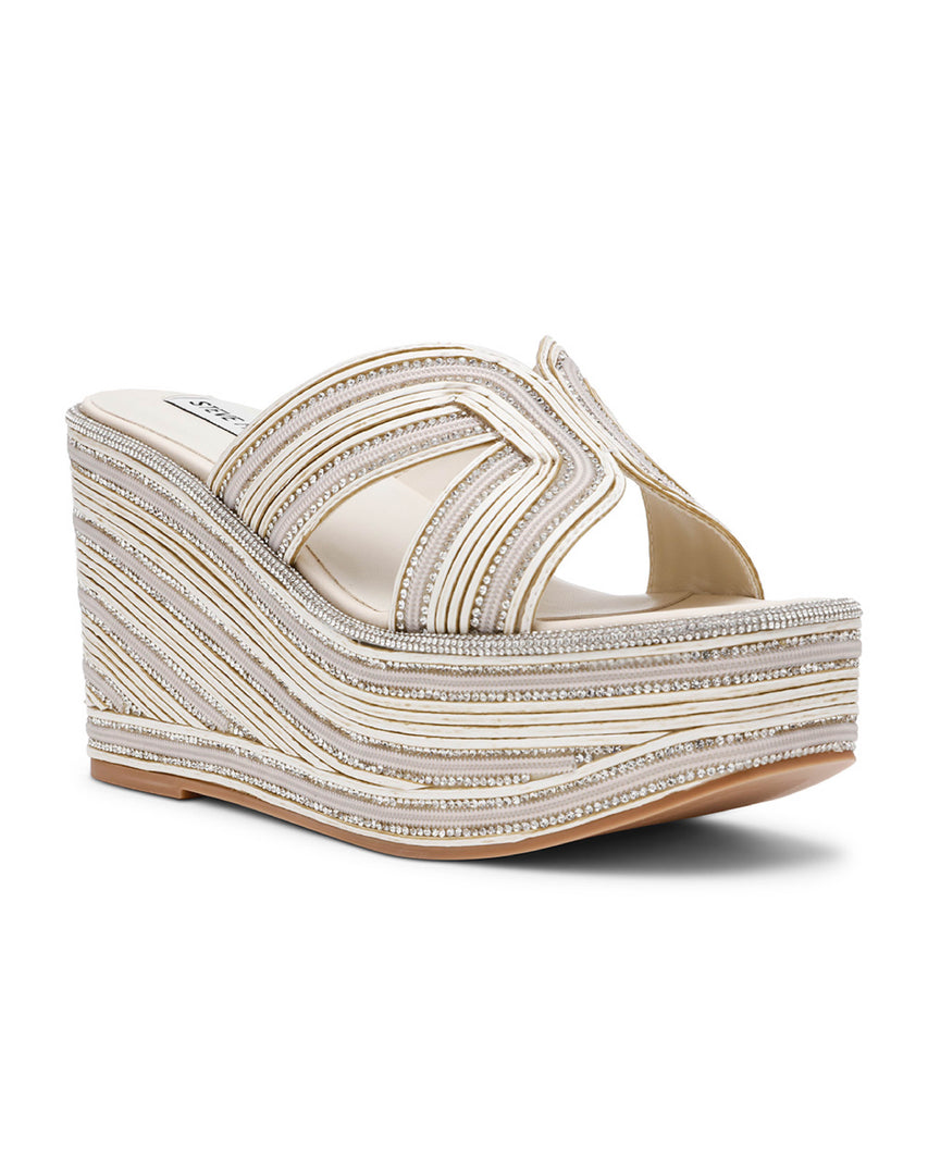 JUSTICE 閃鑽草編拼接厚底拖鞋-銀色