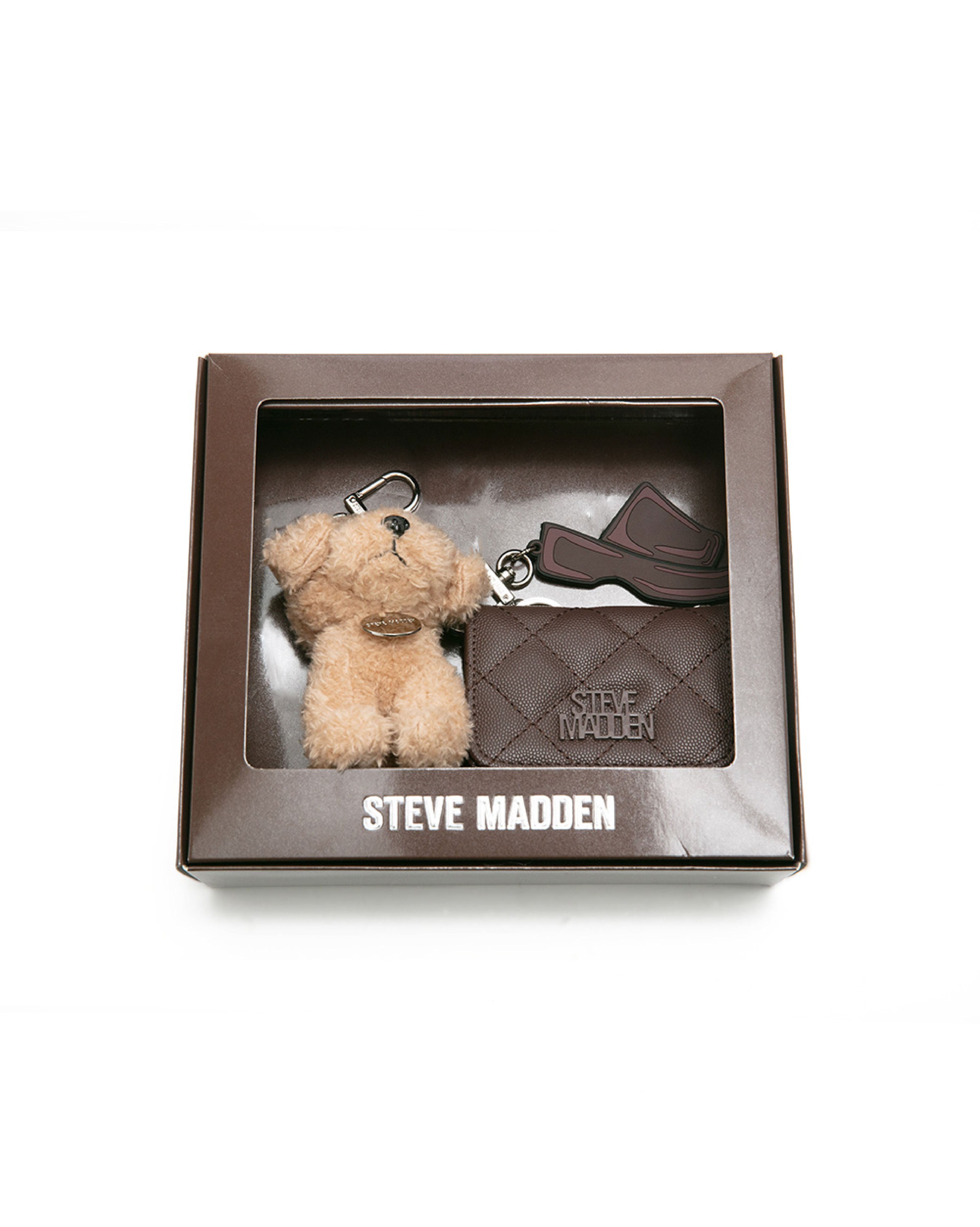 【線上獨家禮盒】菱格紋零錢包/吊飾三件禮盒組-咖啡色