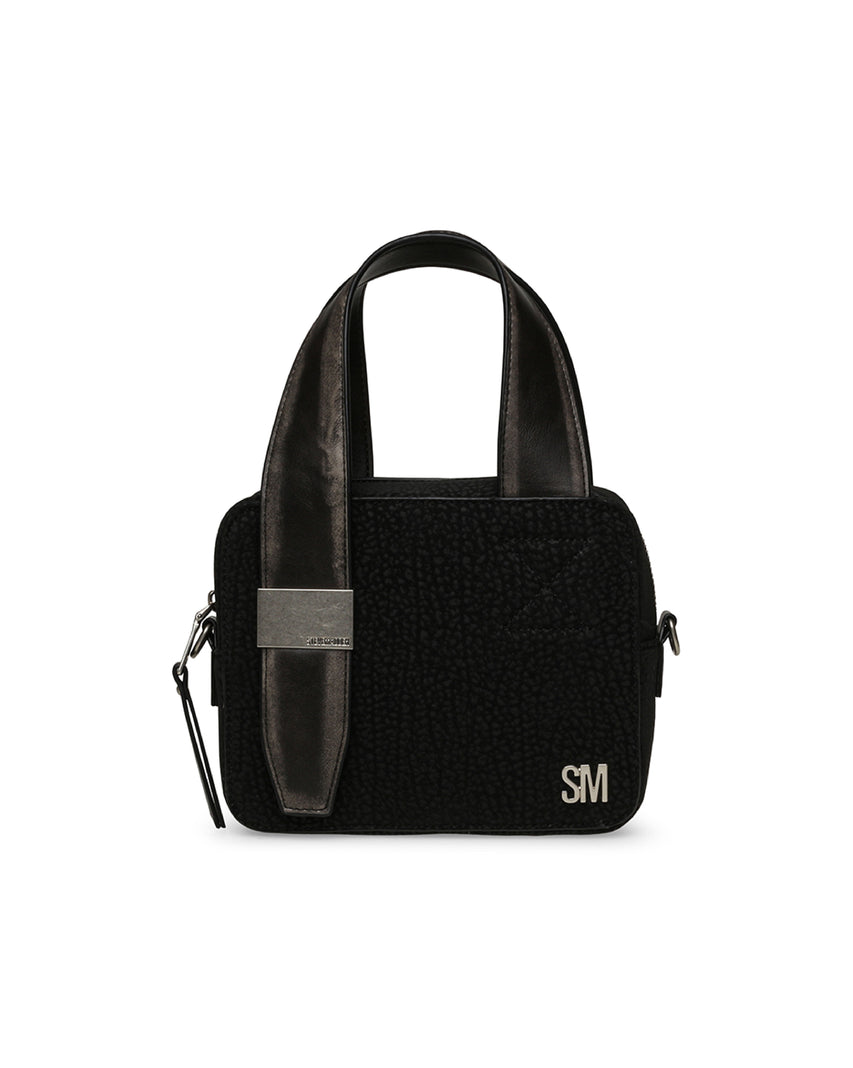 【線上獨家款】BKIVIANA 荔枝紋寬手提帶斜背包-黑色