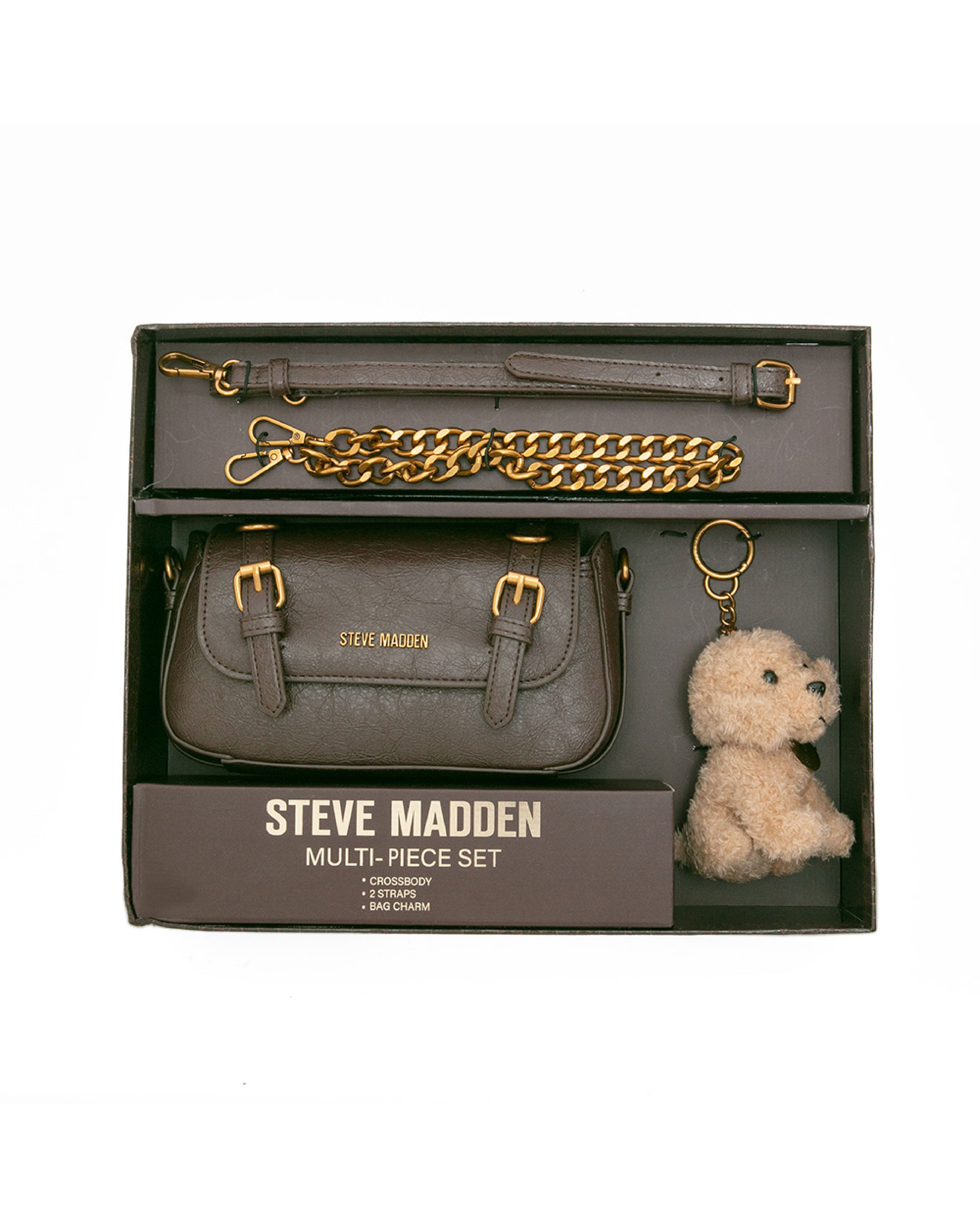 雙扣帶造型小包/毛絨狗狗吊飾禮盒-咖啡色