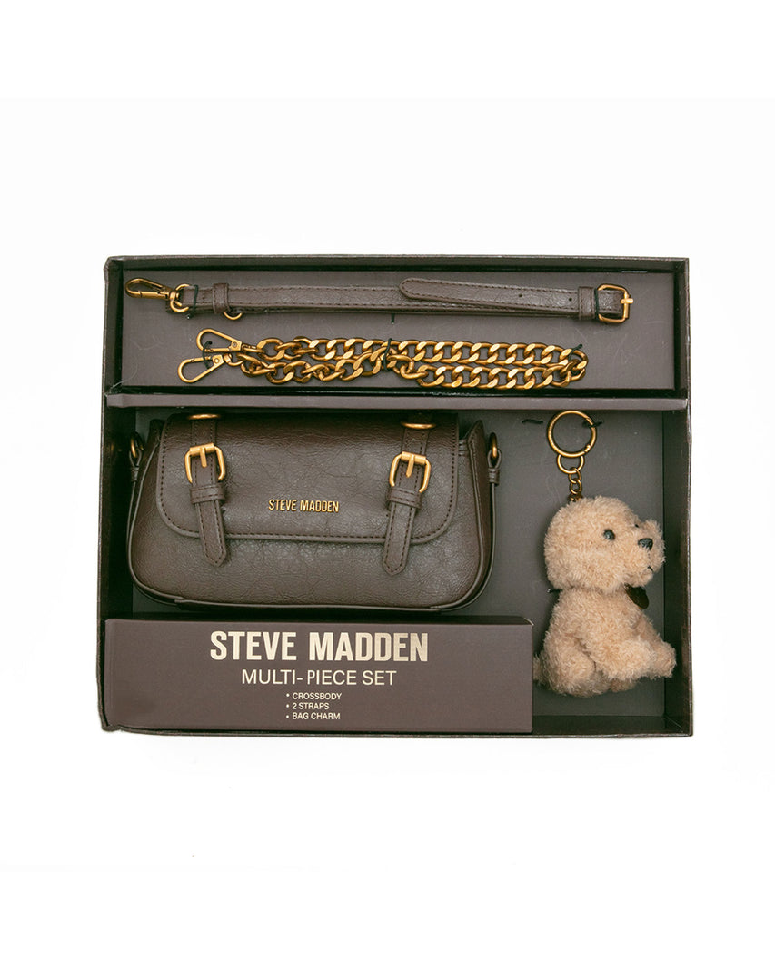 雙扣帶造型小包/毛絨狗狗吊飾禮盒-咖啡色