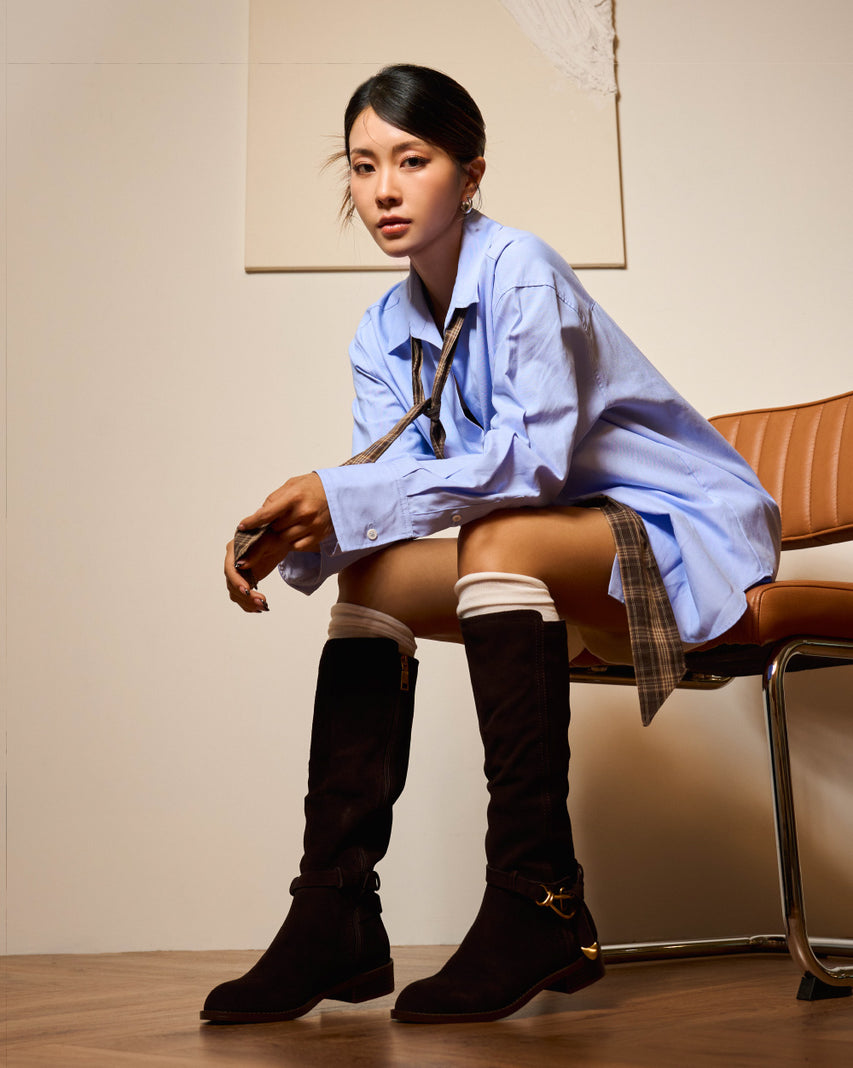 XTREME 時尚結飾扣帶長靴-絨咖啡