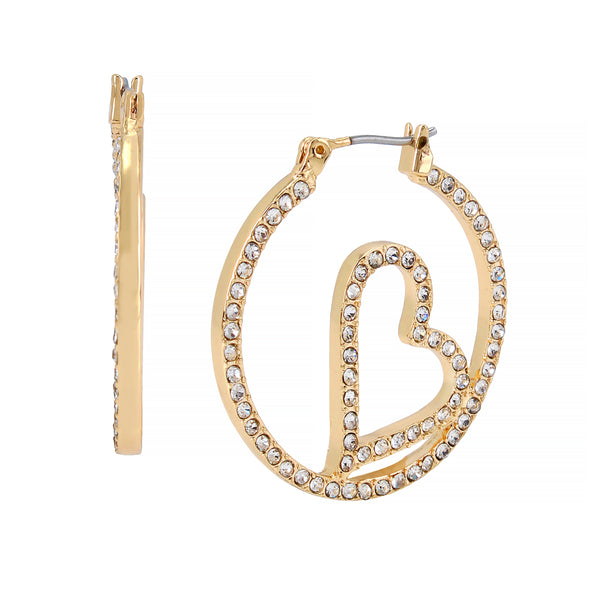 Three-dimensional diamond heart hoop earrings - gold
